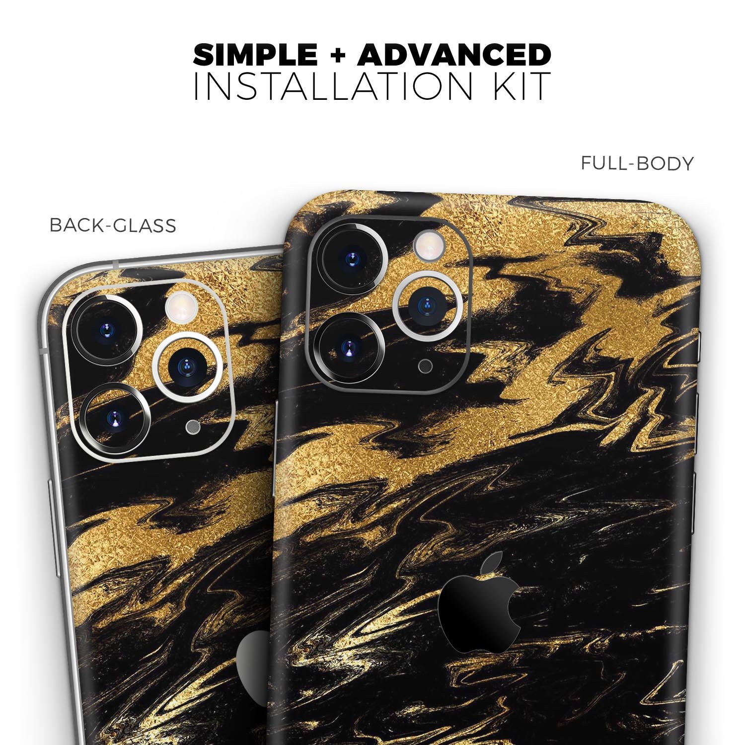 Black and gold marble swirl skin for Apple iPhone, showcasing a stylish design that enhances device appearance.