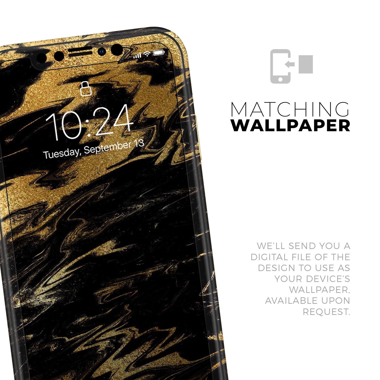 Black and gold marble swirl skin for Apple iPhone, showcasing a stylish design that enhances device appearance.