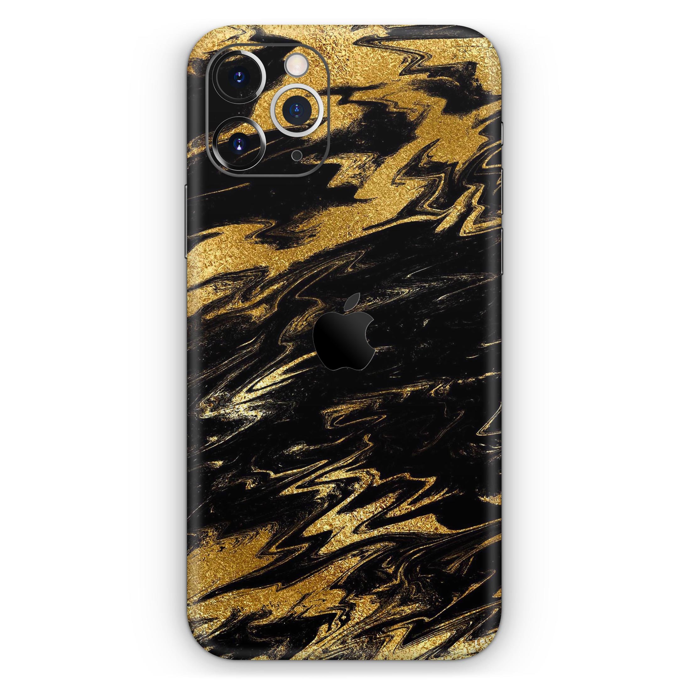 Black and gold marble swirl skin for Apple iPhone, showcasing a stylish design that enhances device appearance.