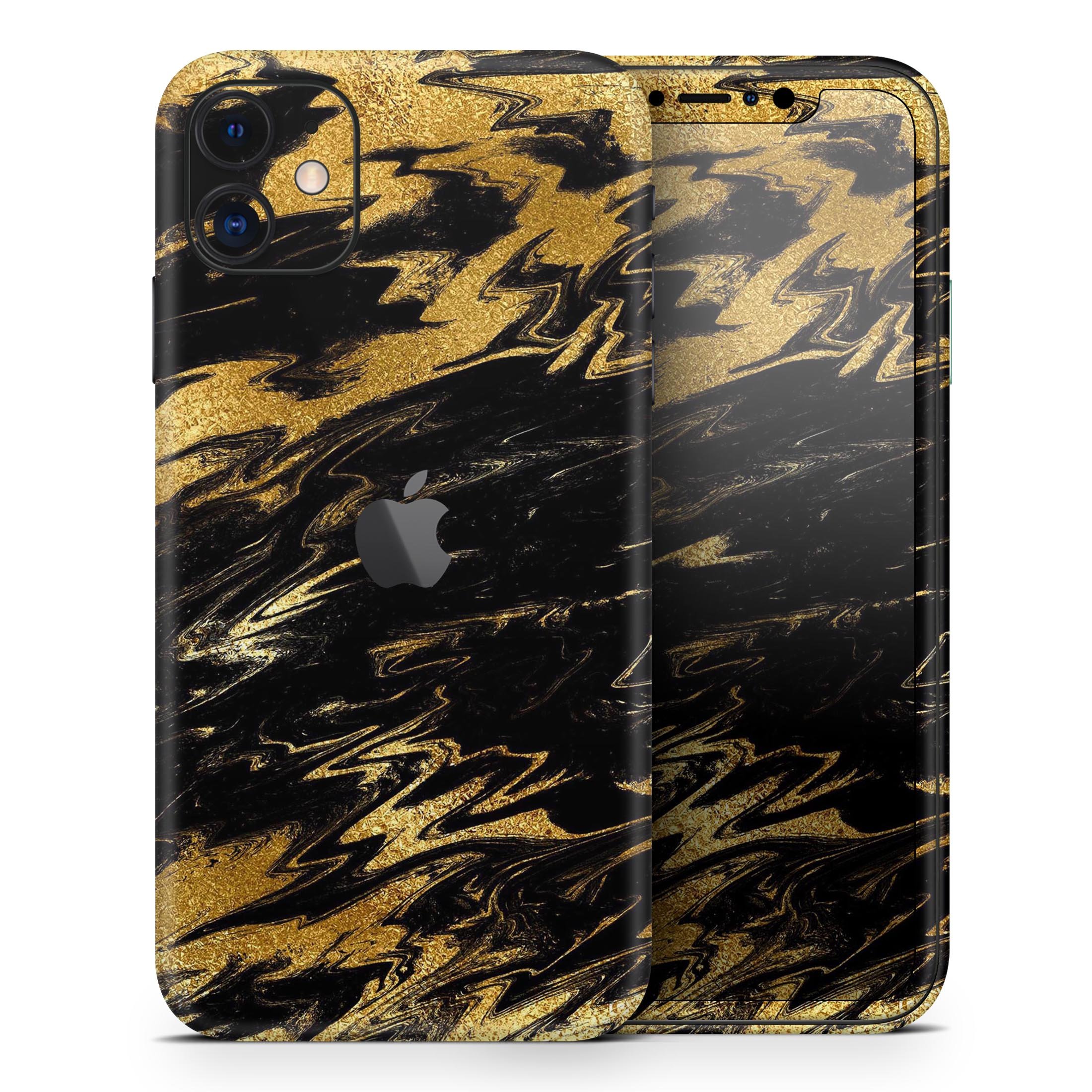 Black and gold marble swirl skin for Apple iPhone, showcasing a stylish design that enhances device appearance.