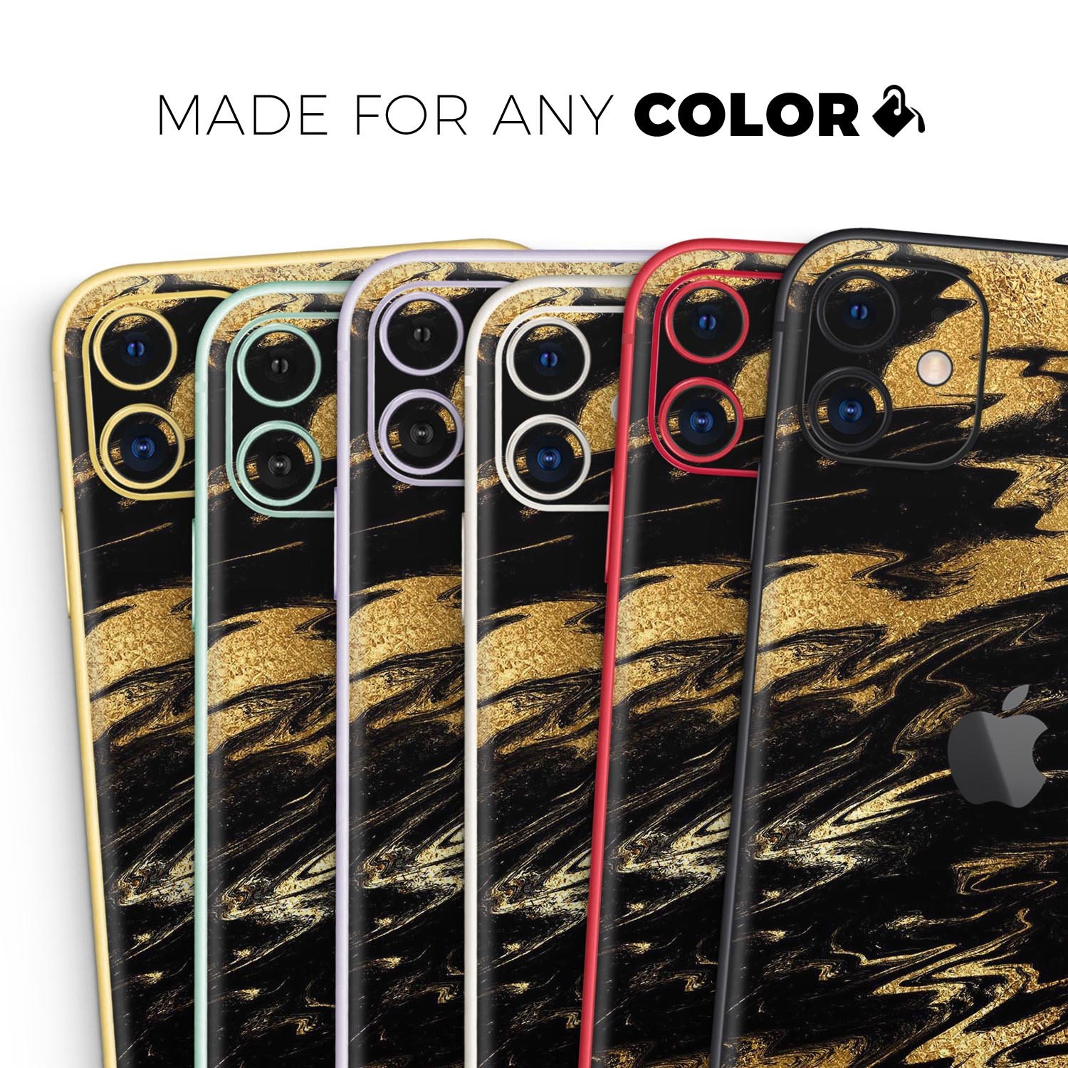 Black and gold marble swirl skin for Apple iPhone, showcasing a stylish design that enhances device appearance.