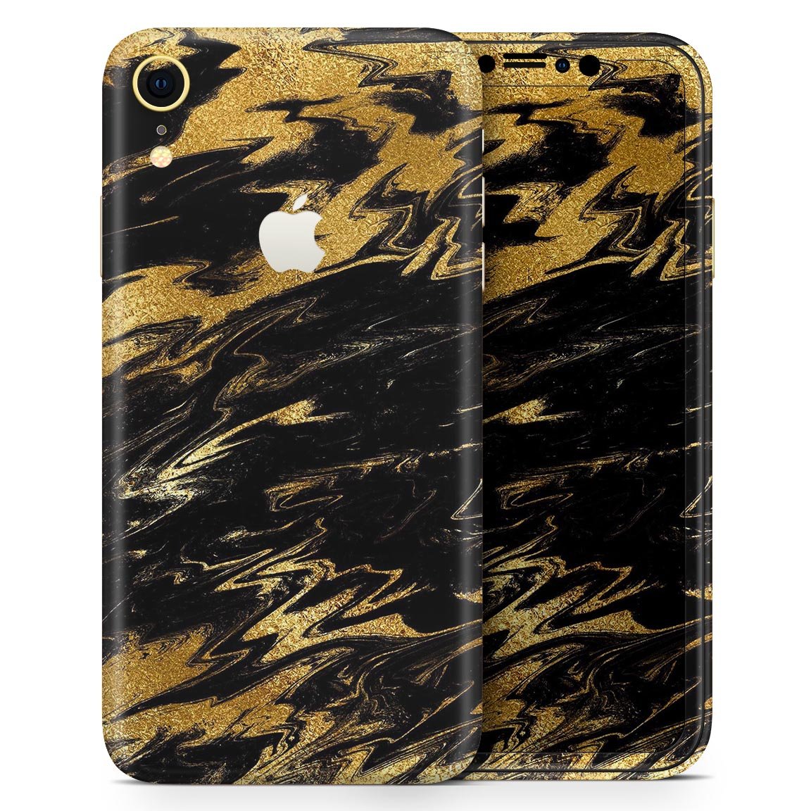 Black & Gold Marble Swirl Skin-Kit for Apple iPhone XR and XS, showcasing a stylish design with a premium finish.