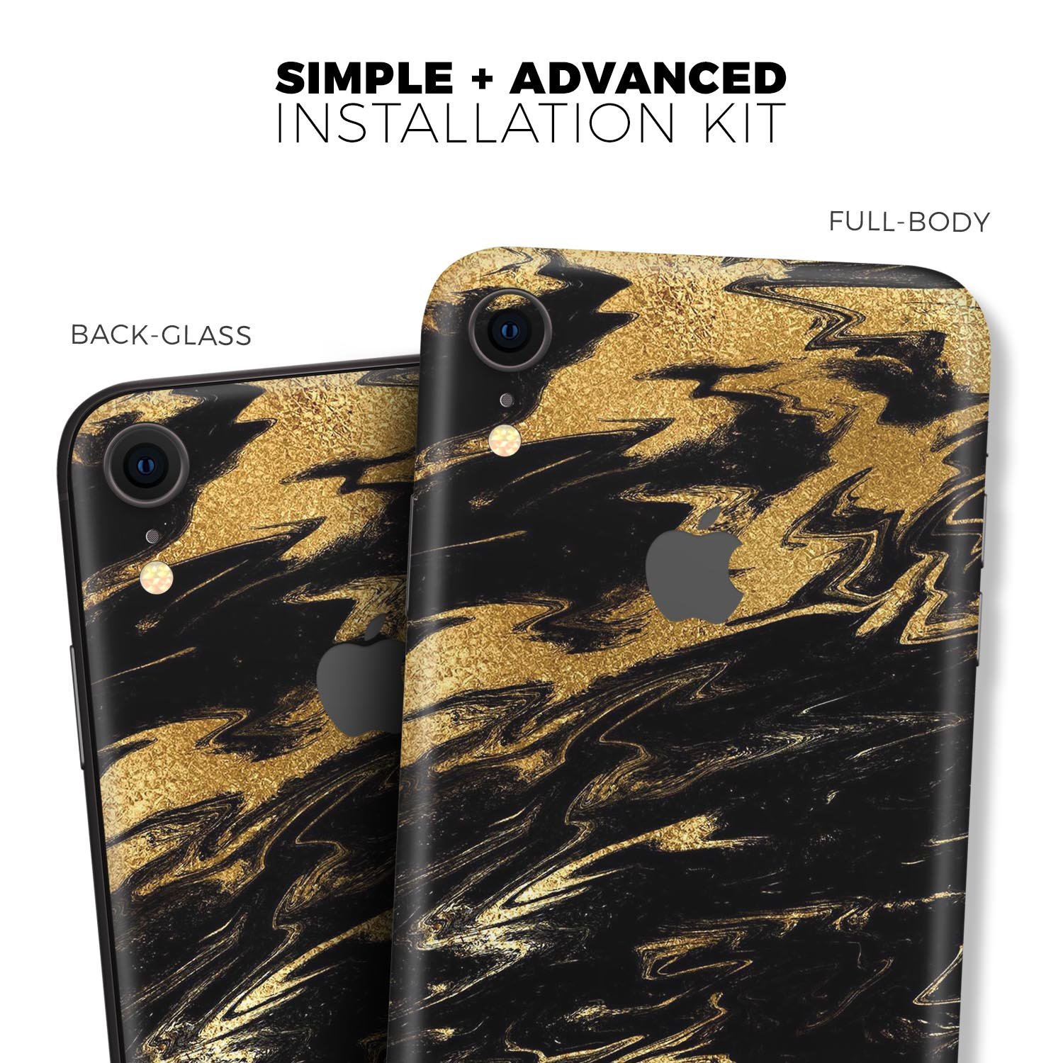 Black & Gold Marble Swirl Skin-Kit for Apple iPhone XR and XS, showcasing a stylish design with a premium finish.