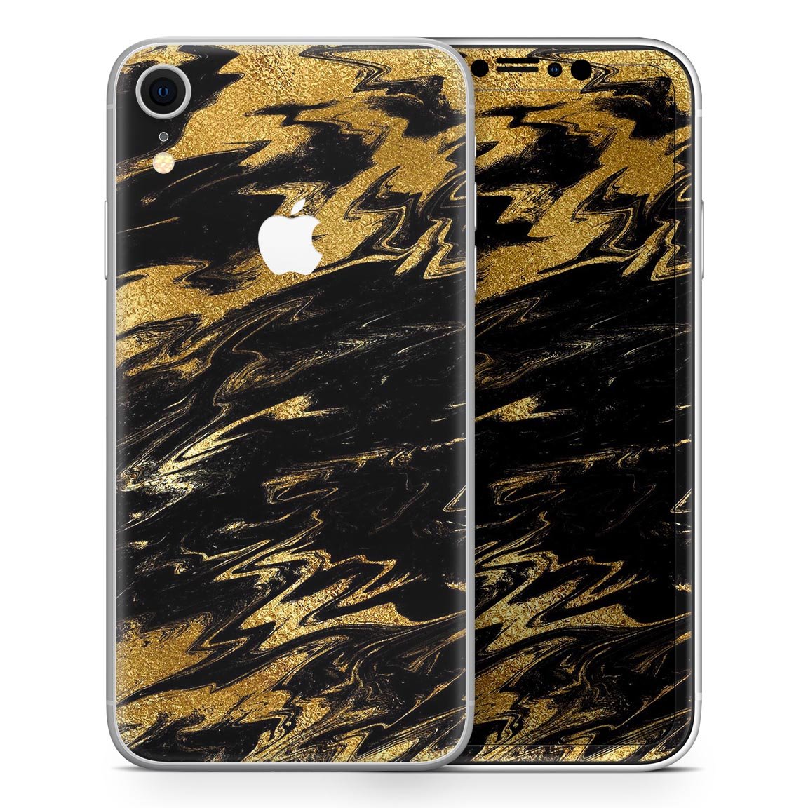 Black & Gold Marble Swirl Skin-Kit for Apple iPhone XR and XS, showcasing a stylish design with a premium finish.