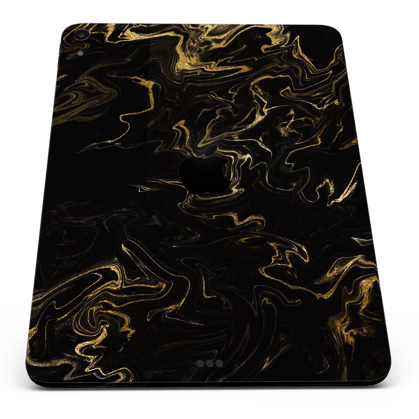 Black & Gold Marble Swirl V6 skin decal for Apple iPad, showcasing a luxurious marble design with a glossy finish.