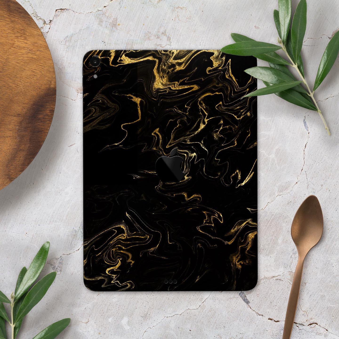 Black & Gold Marble Swirl V6 skin decal for Apple iPad, showcasing a luxurious marble design with a glossy finish.