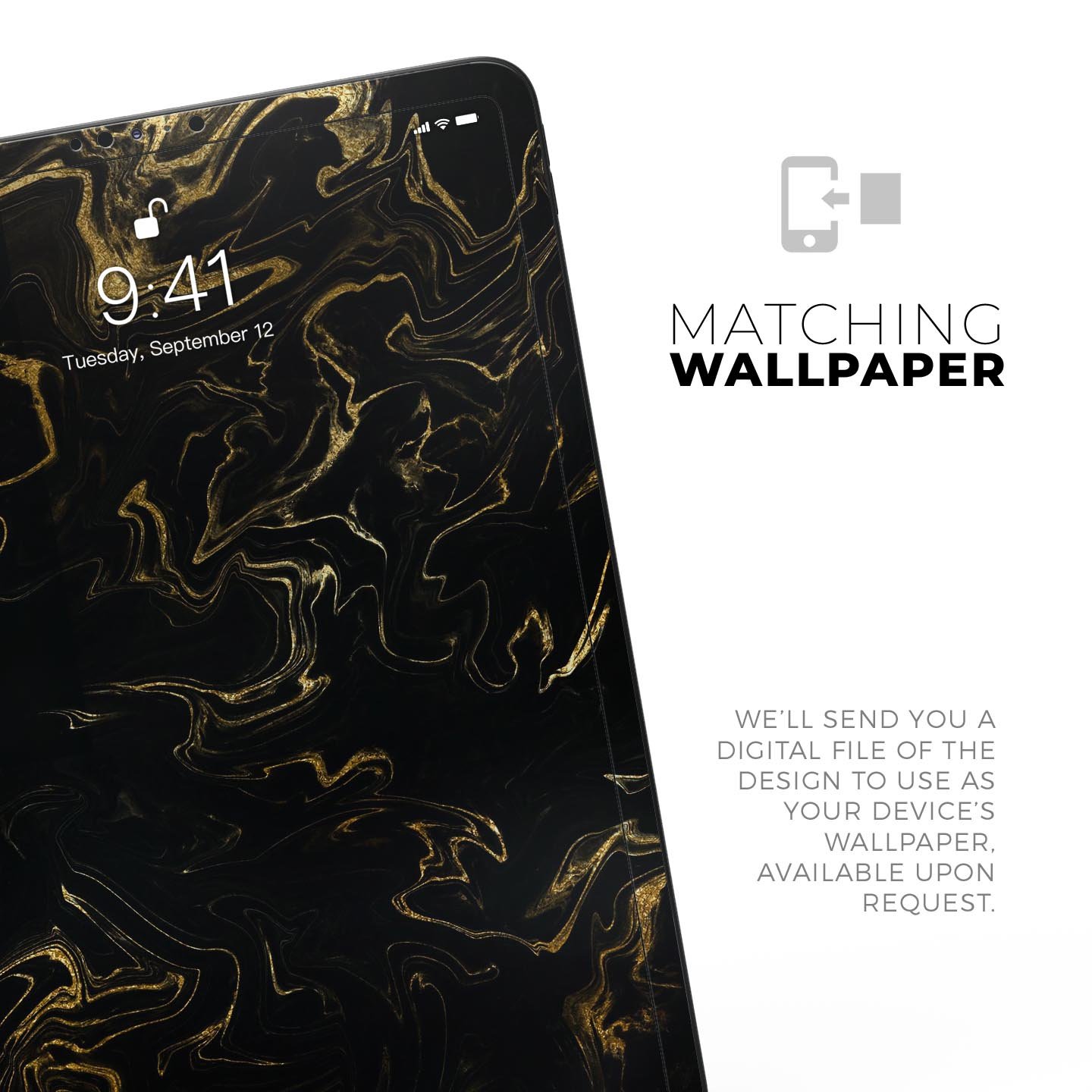 Black & Gold Marble Swirl V6 skin decal for Apple iPad, showcasing a luxurious marble design with a glossy finish.