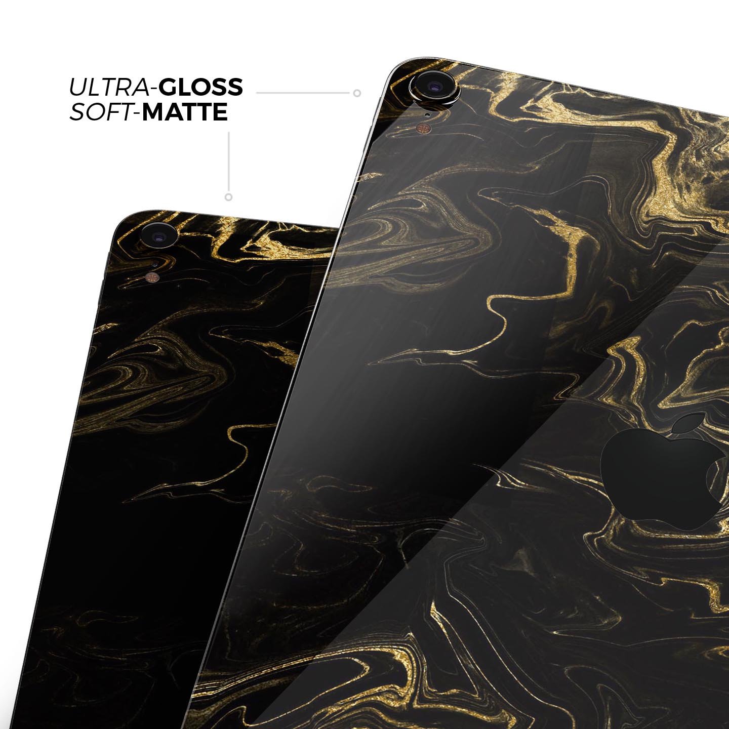 Black & Gold Marble Swirl V6 skin decal for Apple iPad, showcasing a luxurious marble design with a glossy finish.