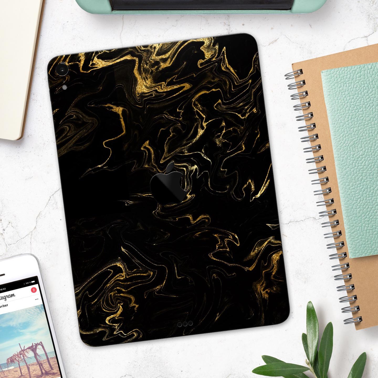 Black & Gold Marble Swirl V6 skin decal for Apple iPad, showcasing a luxurious marble design with a glossy finish.