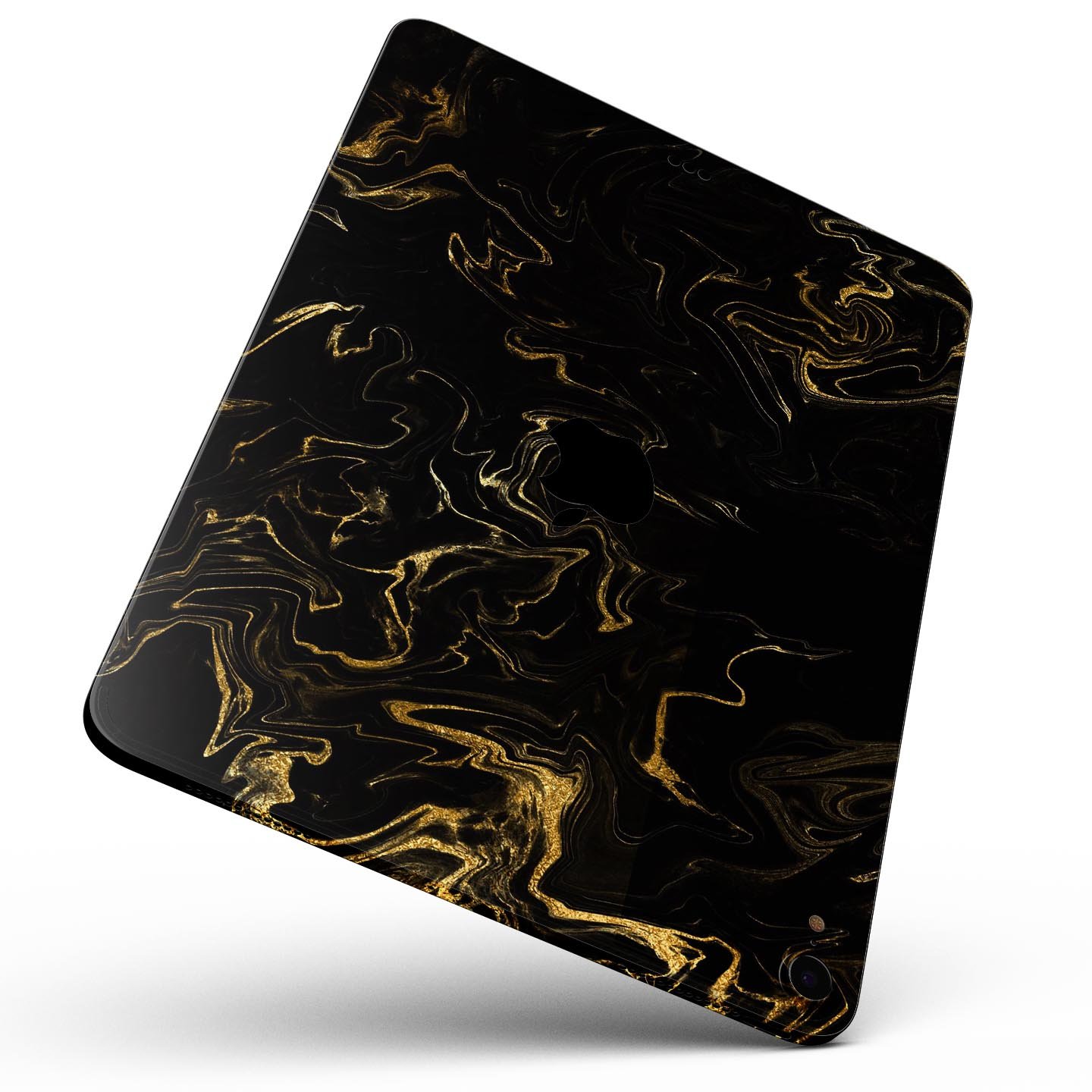 Black & Gold Marble Swirl V6 skin decal for Apple iPad, showcasing a luxurious marble design with a glossy finish.