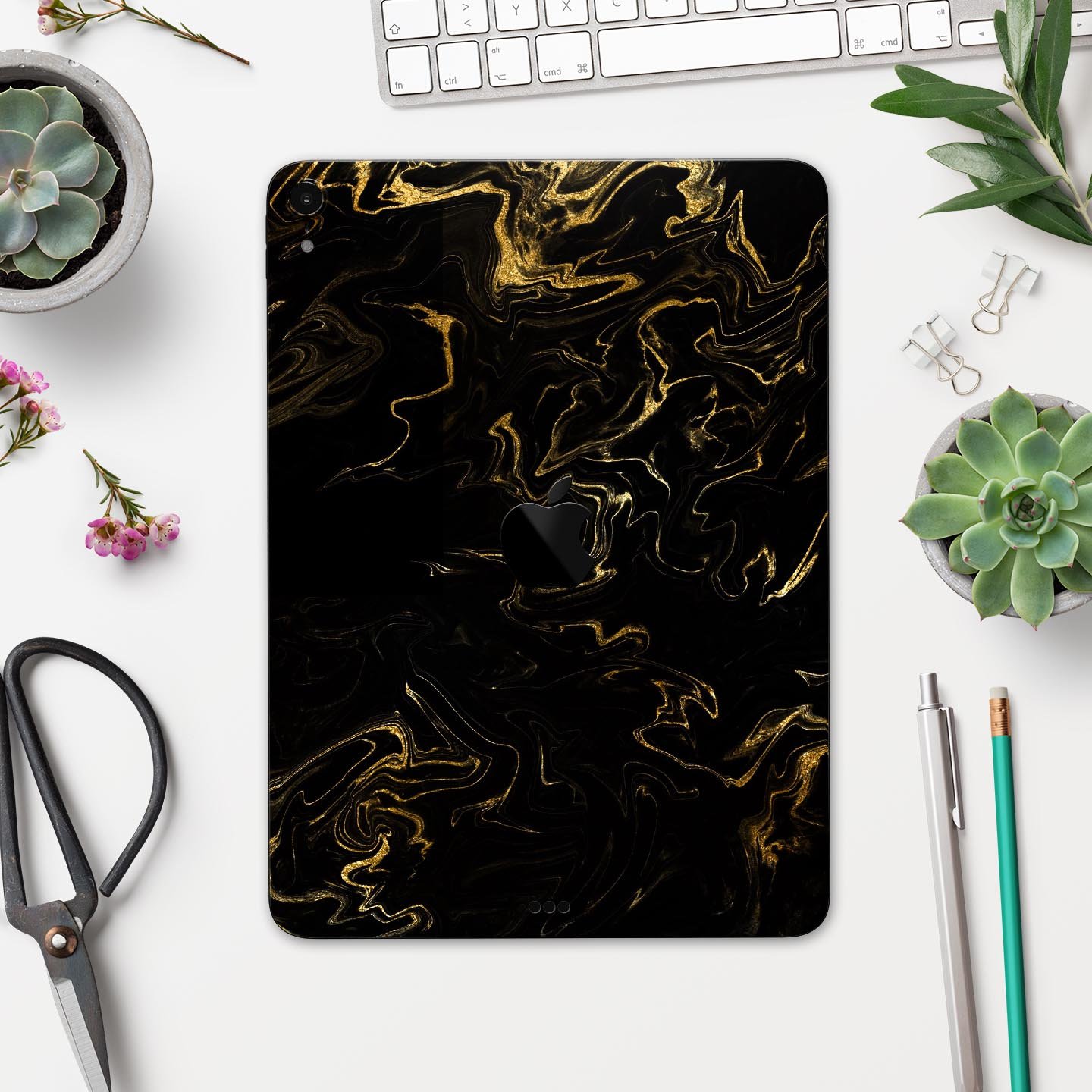 Black & Gold Marble Swirl V6 skin decal for Apple iPad, showcasing a luxurious marble design with a glossy finish.