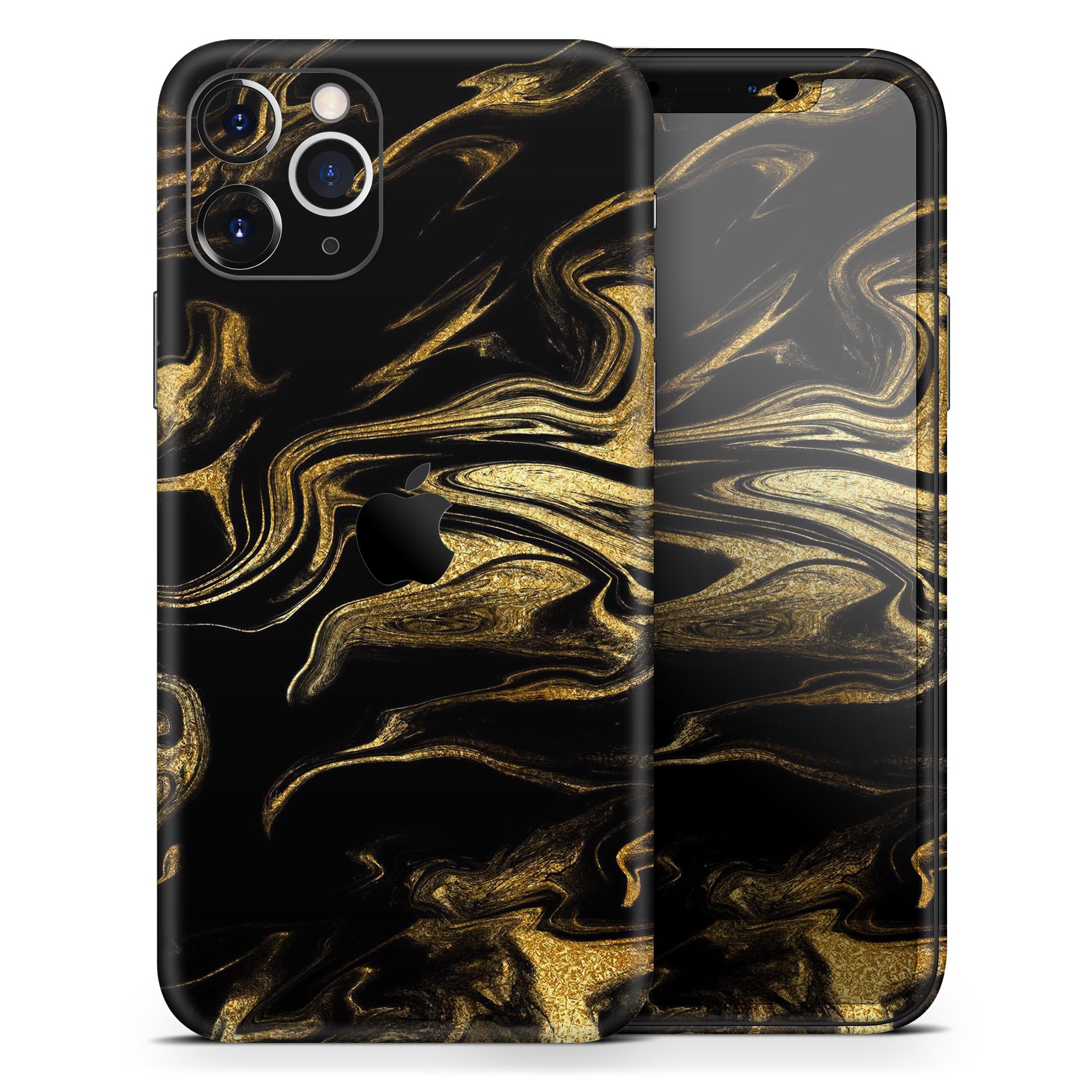 Black and gold marble swirl skin for Apple iPhone, showcasing a stylish design with a glossy finish.