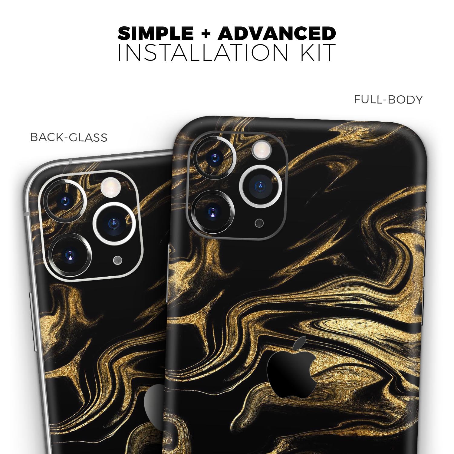 Black and gold marble swirl skin for Apple iPhone, showcasing a stylish design with a glossy finish.