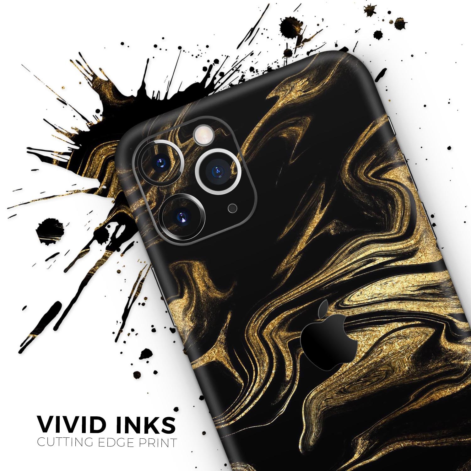 Black and gold marble swirl skin for Apple iPhone, showcasing a stylish design with a glossy finish.