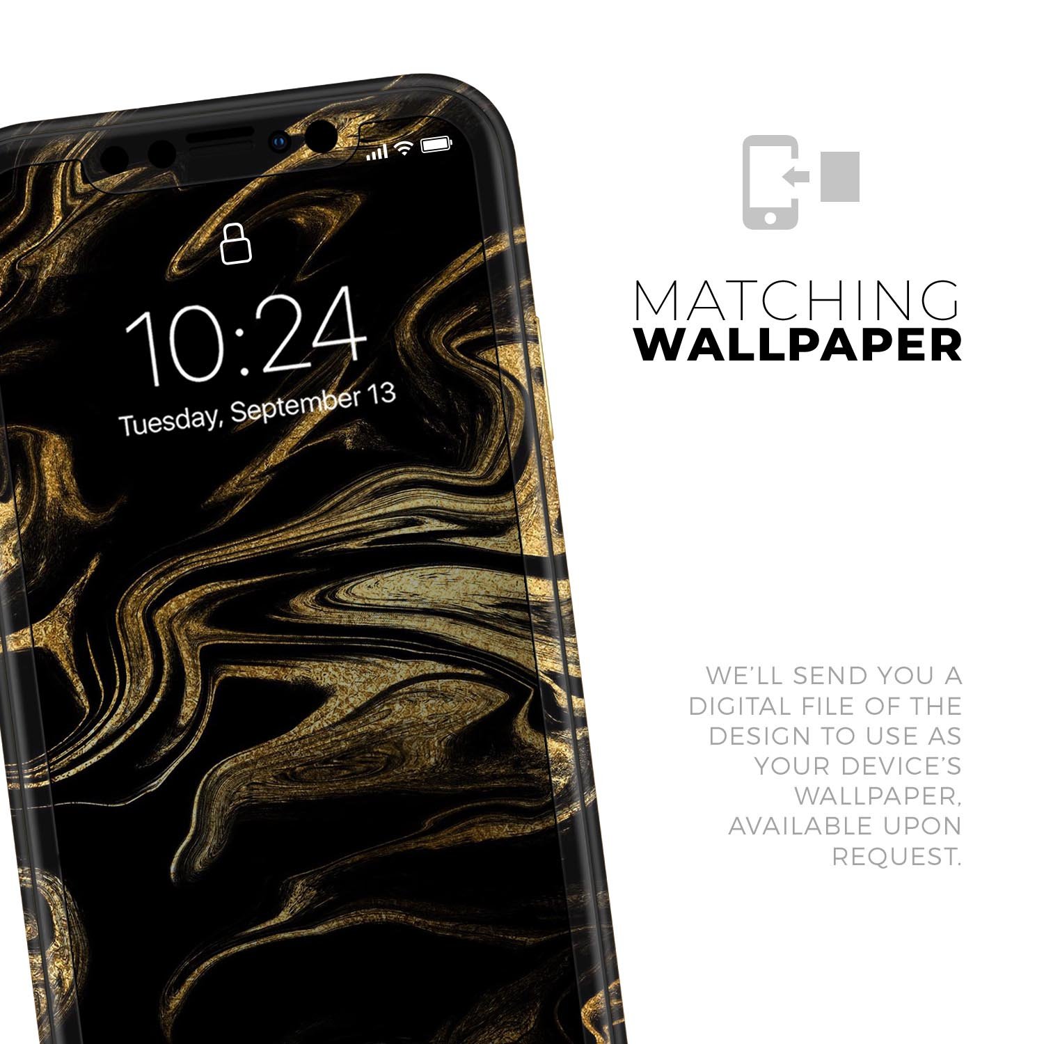 Black and gold marble swirl skin for Apple iPhone, showcasing a stylish design with a glossy finish.