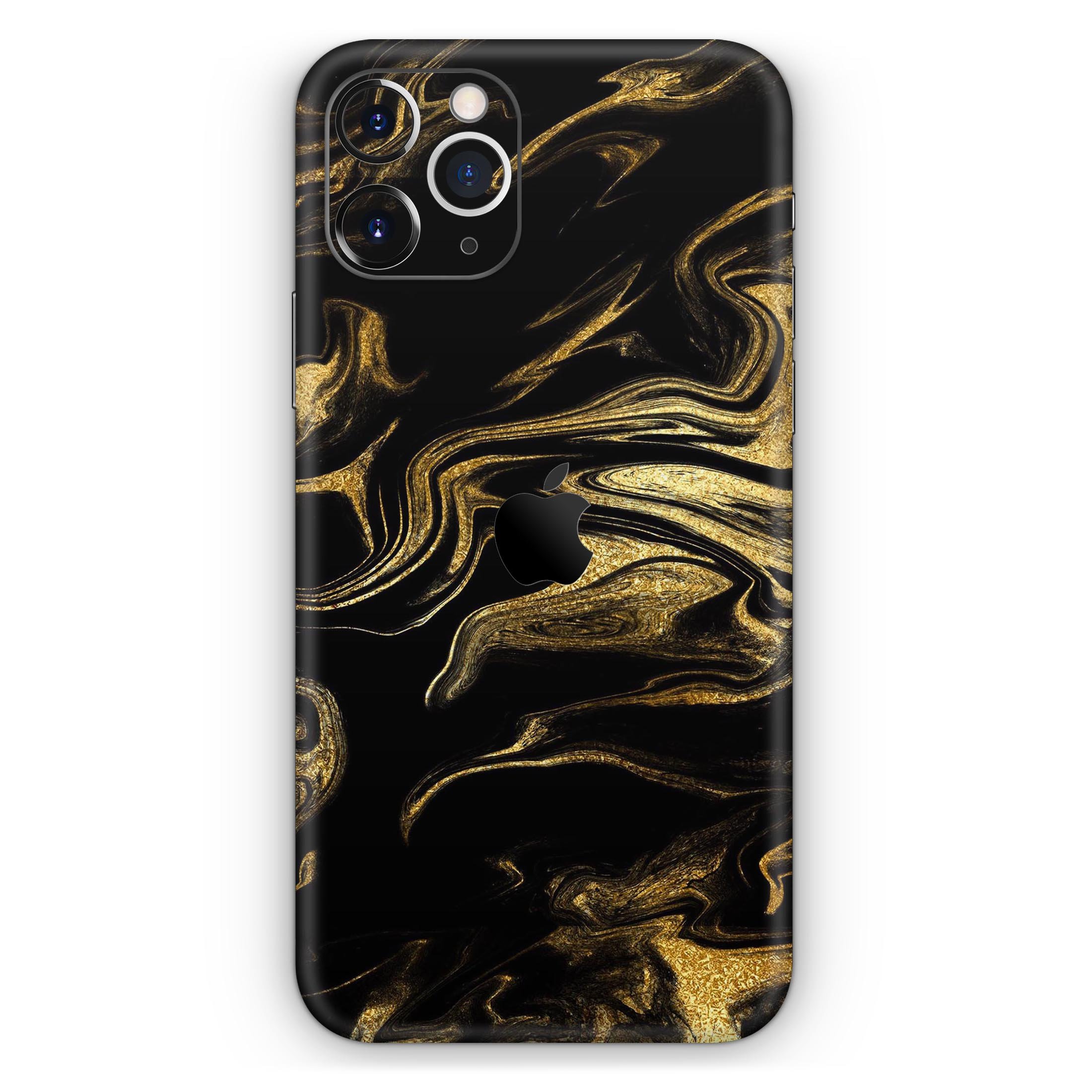 Black and gold marble swirl skin for Apple iPhone, showcasing a stylish design with a glossy finish.