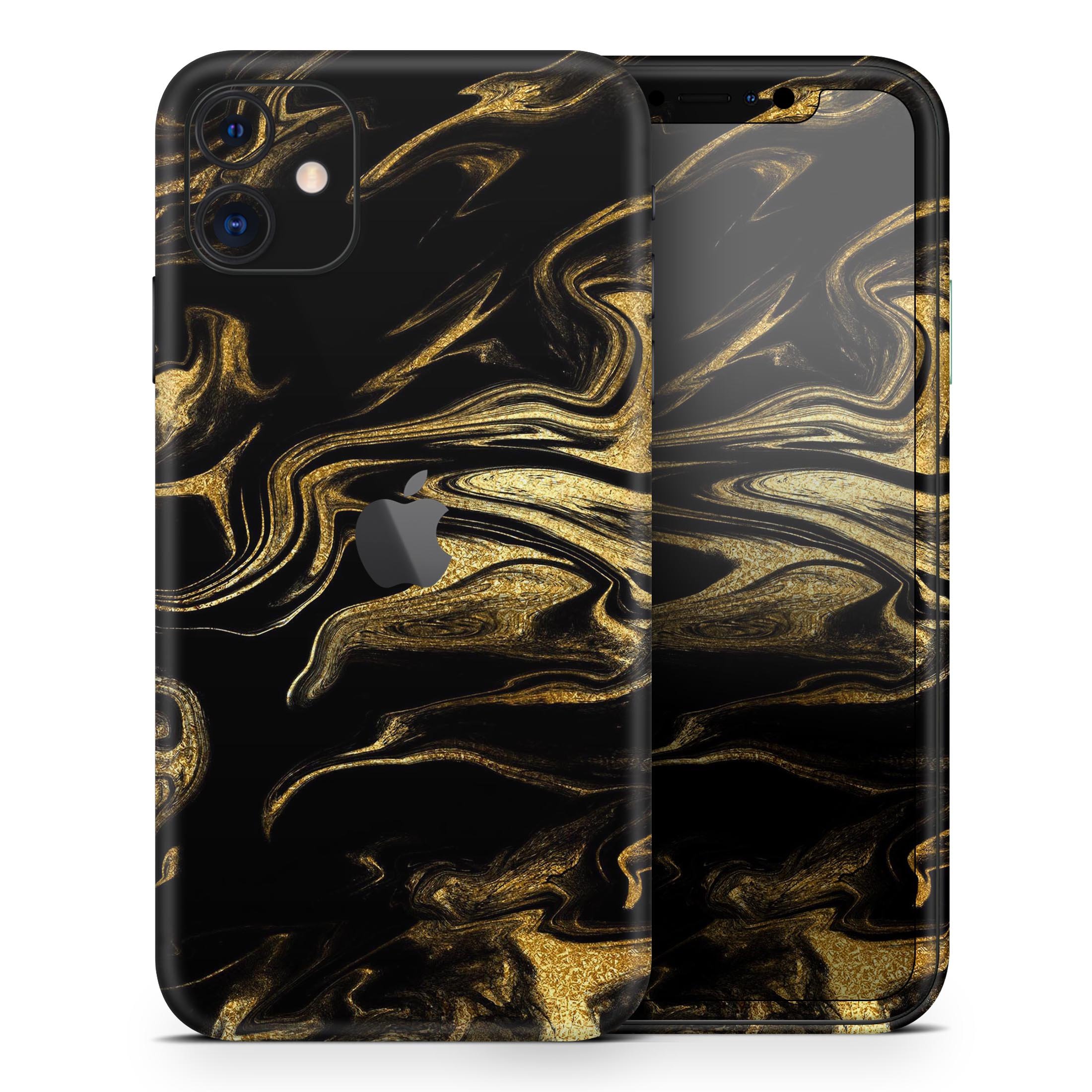 Black and gold marble swirl skin for Apple iPhone, showcasing a stylish design with a glossy finish.