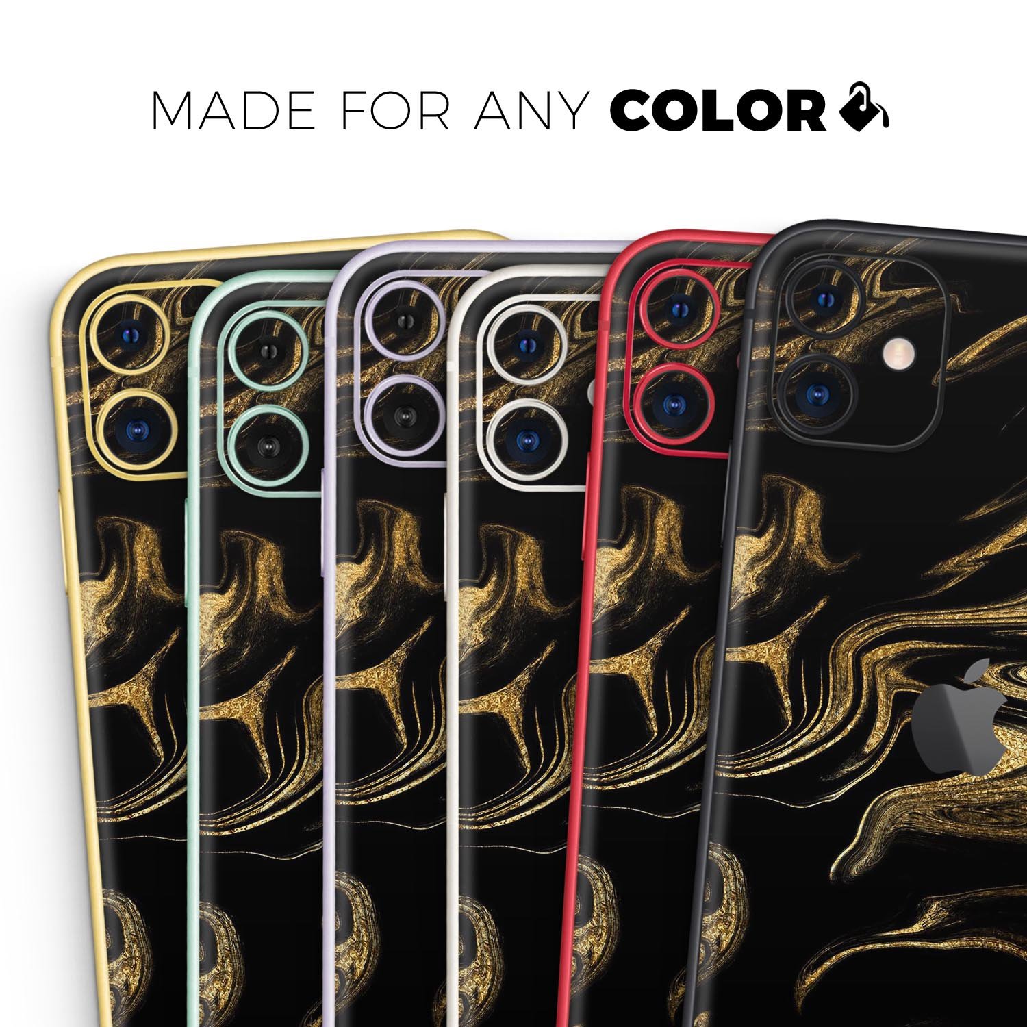 Black and gold marble swirl skin for Apple iPhone, showcasing a stylish design with a glossy finish.