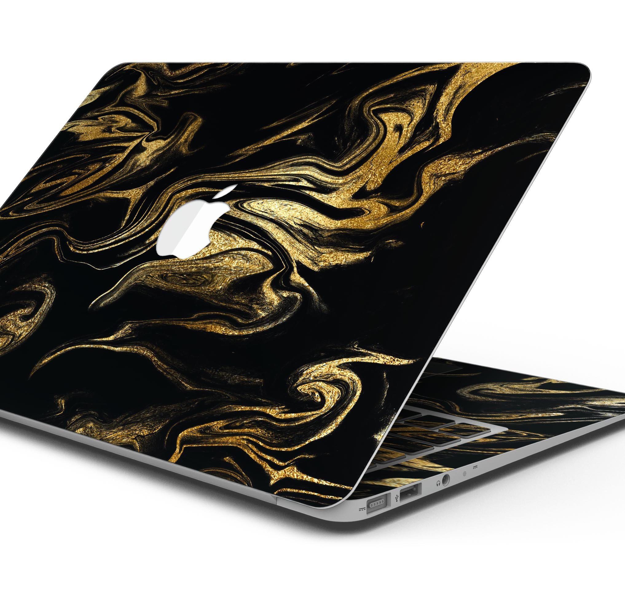 Black & Gold Marble Swirl V7 skin decal wrap kit for MacBook, showcasing a stylish marble design with a glossy finish.