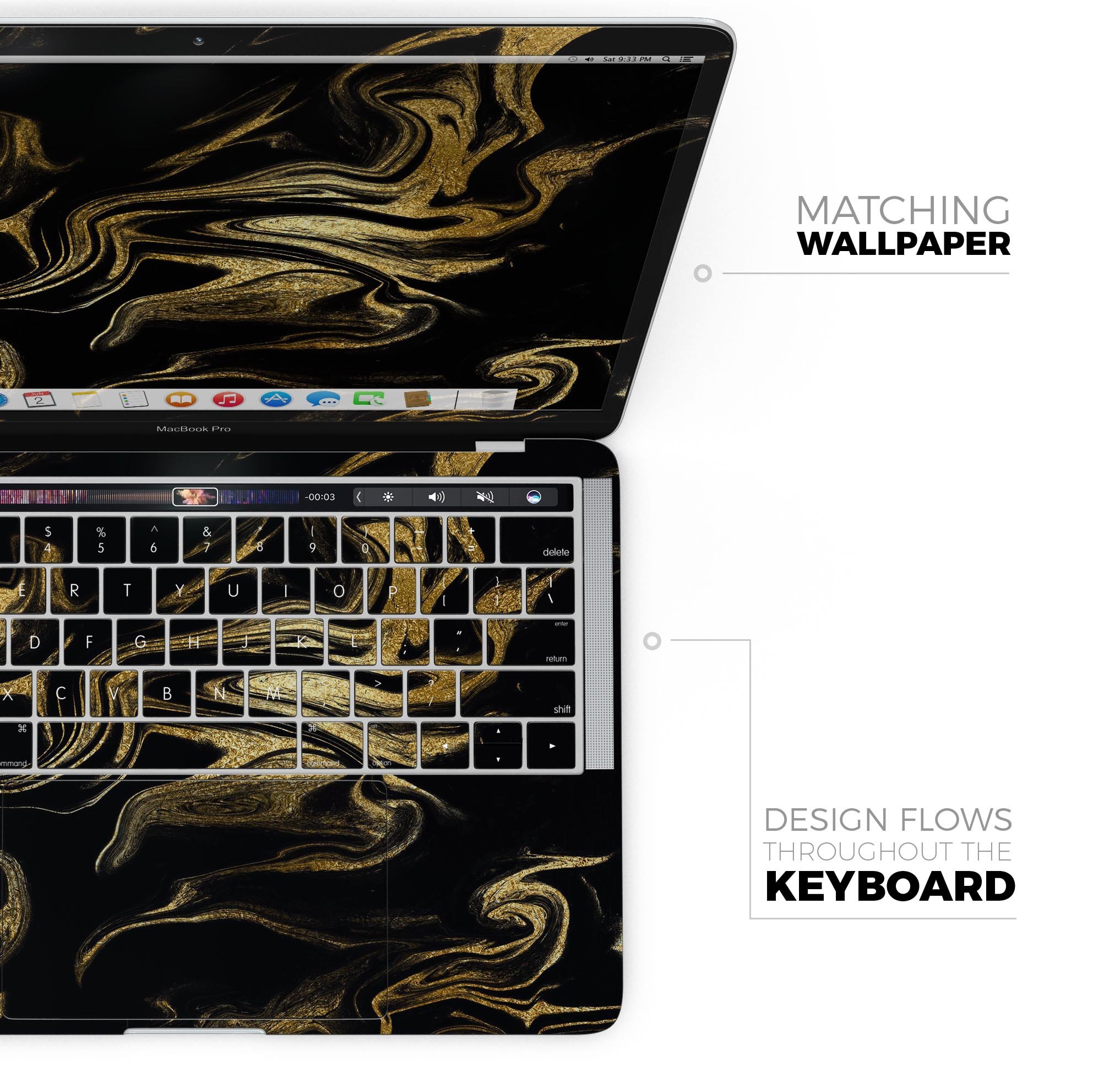 Black & Gold Marble Swirl V7 skin decal wrap kit for MacBook, showcasing a stylish marble design with a glossy finish.