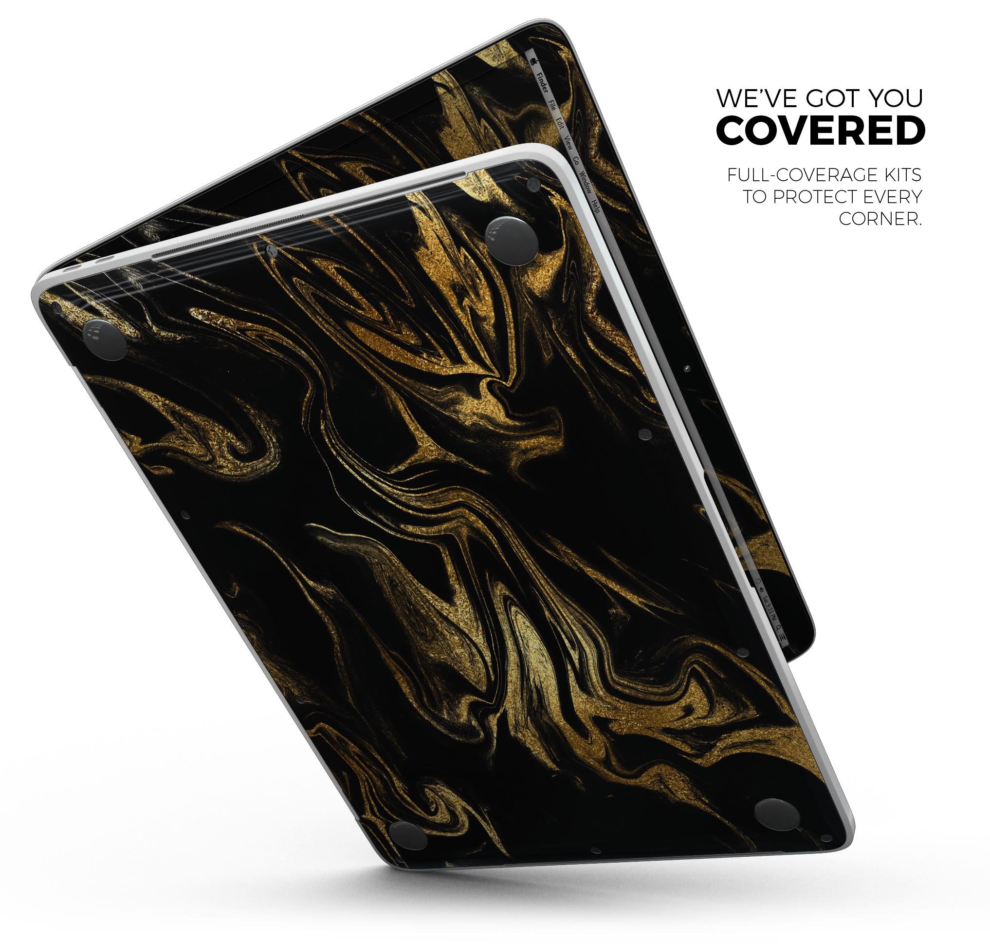 Black & Gold Marble Swirl V7 skin decal wrap kit for MacBook, showcasing a stylish marble design with a glossy finish.