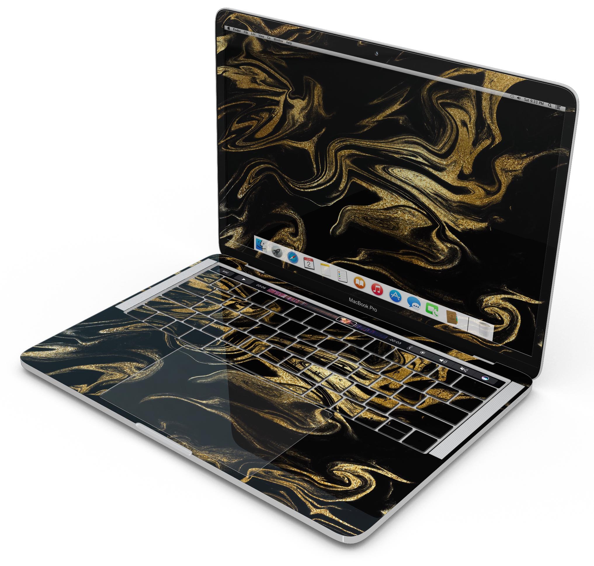 Black & Gold Marble Swirl V7 skin decal wrap kit for MacBook, showcasing a stylish marble design with a glossy finish.