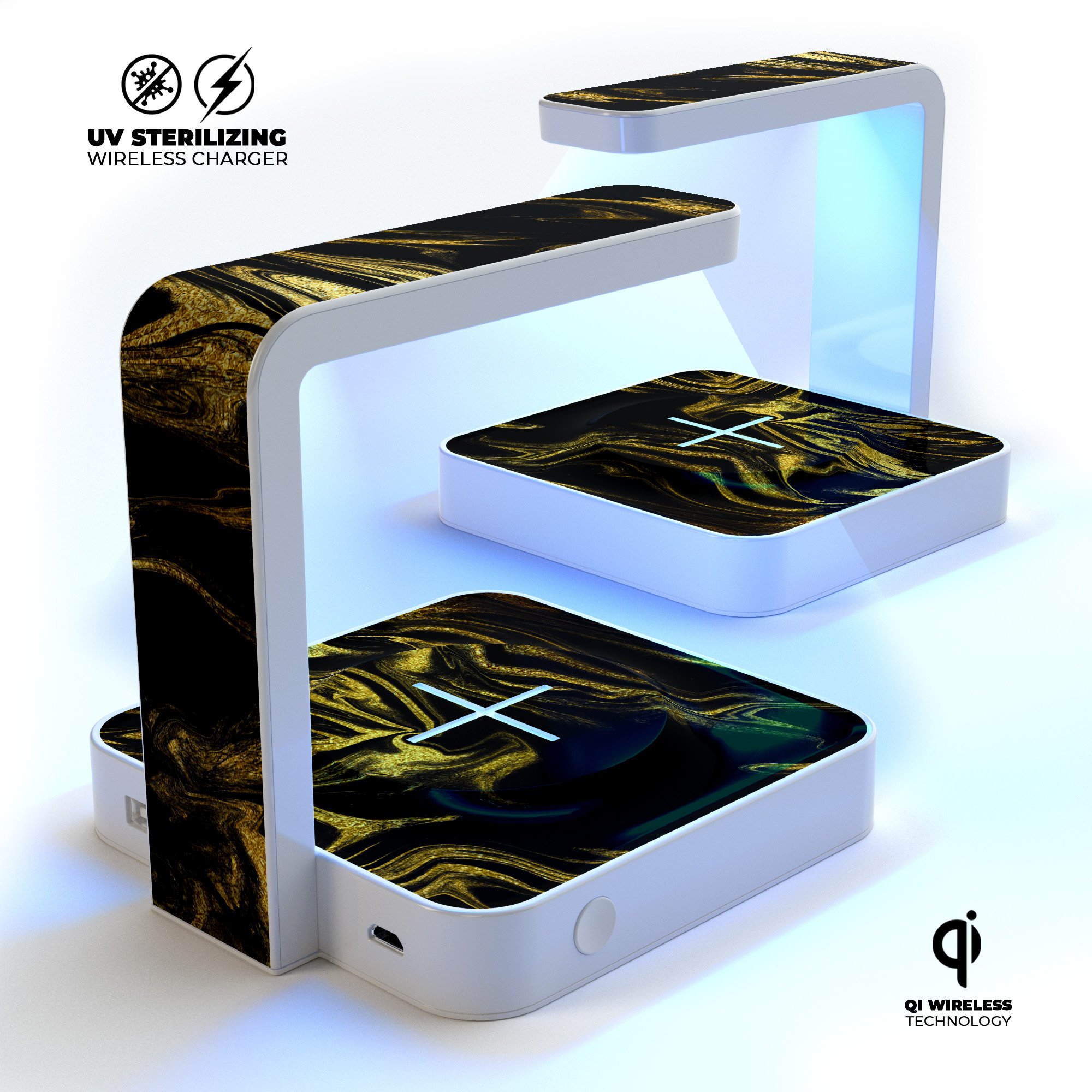 Black & Gold Marble Swirl V7 UV Germicidal Sanitizing Sterilizing charger with wireless charging capabilities and stylish design.