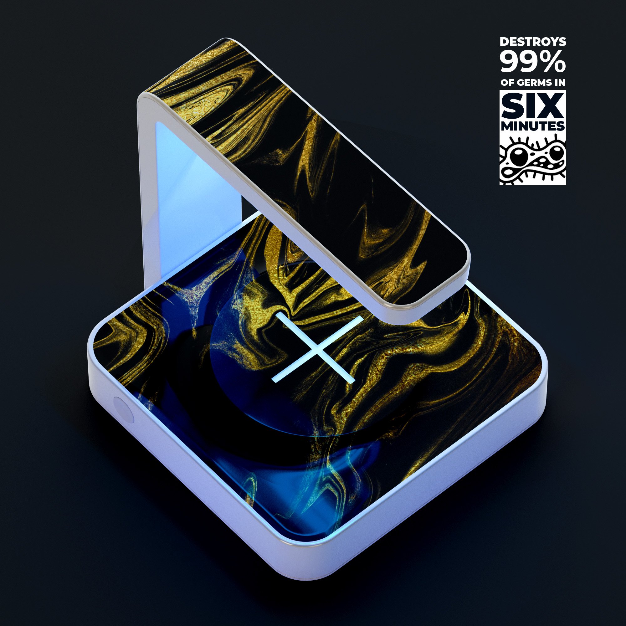 Black & Gold Marble Swirl V7 UV Germicidal Sanitizing Sterilizing charger with wireless charging capabilities and stylish design.