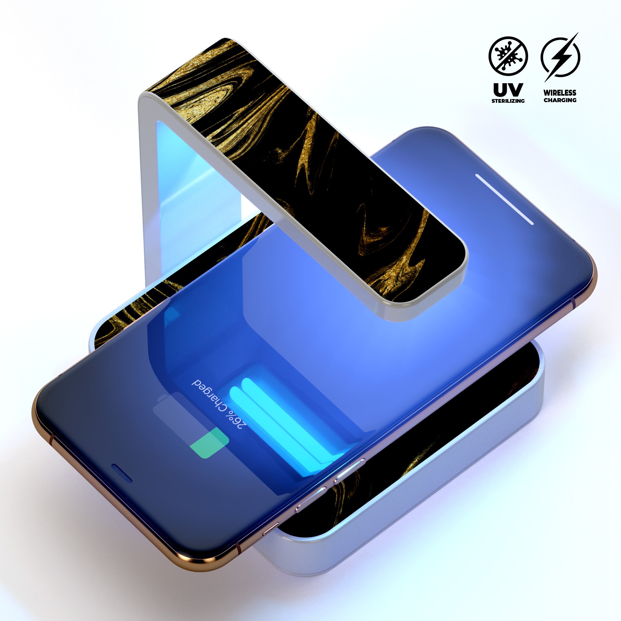 Black & Gold Marble Swirl V7 UV Germicidal Sanitizing Sterilizing charger with wireless charging capabilities and stylish design.