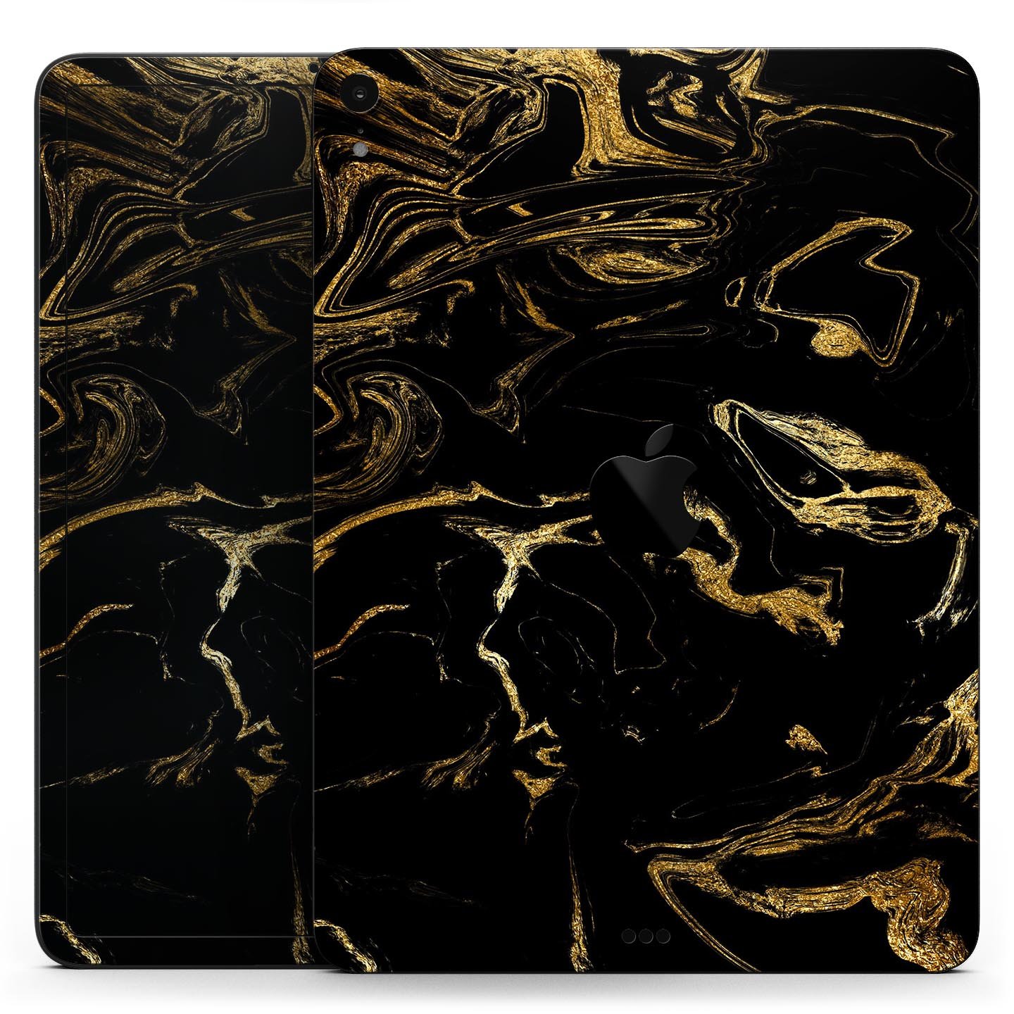 Black and gold marble swirl skin decal for Apple iPad, showcasing a stylish design with premium 3M material for protection.