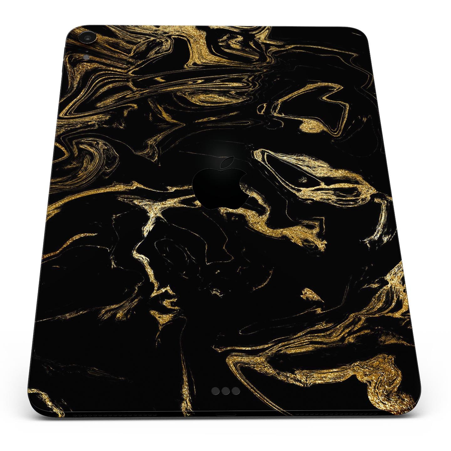 Black and gold marble swirl skin decal for Apple iPad, showcasing a stylish design with premium 3M material for protection.