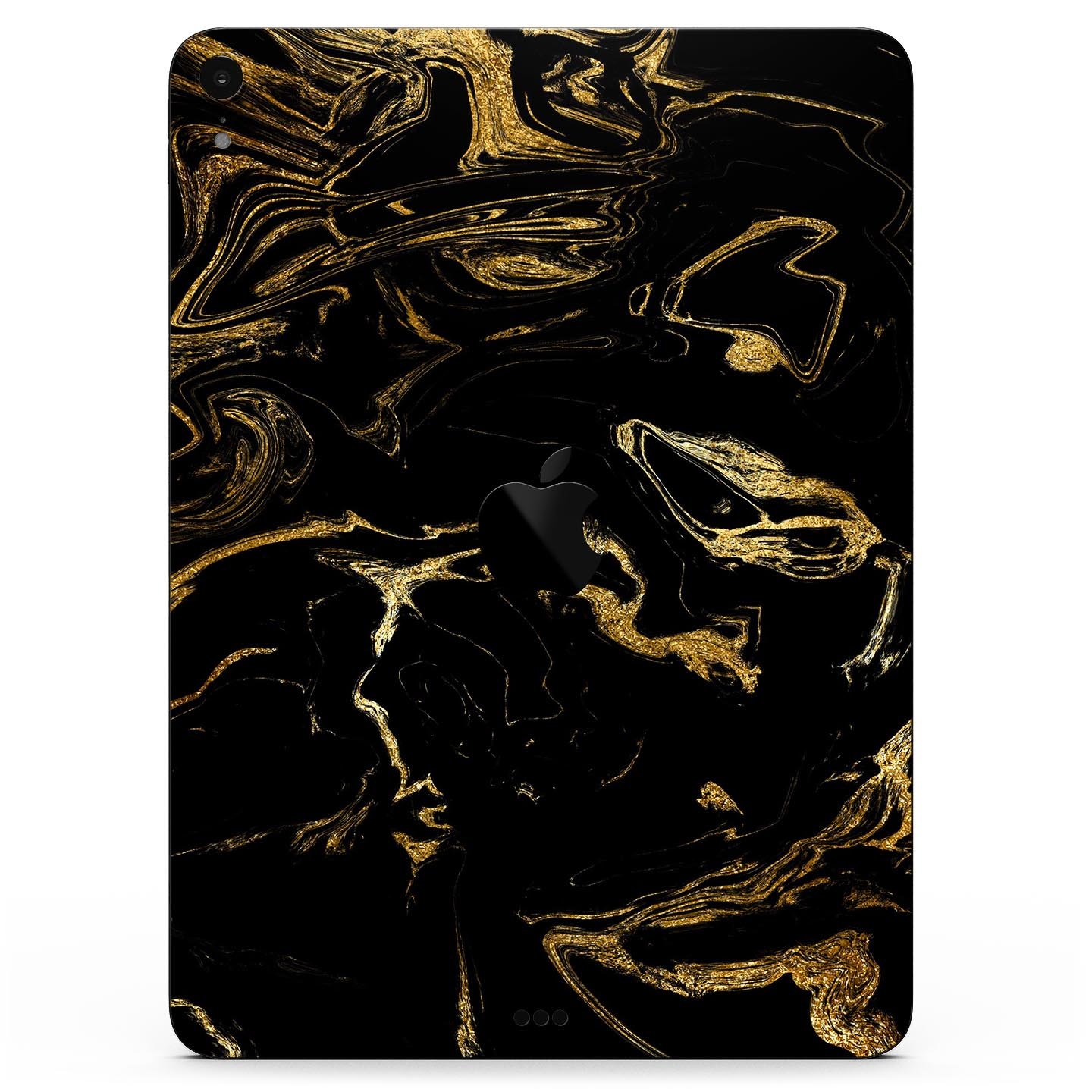 Black and gold marble swirl skin decal for Apple iPad, showcasing a stylish design with premium 3M material for protection.