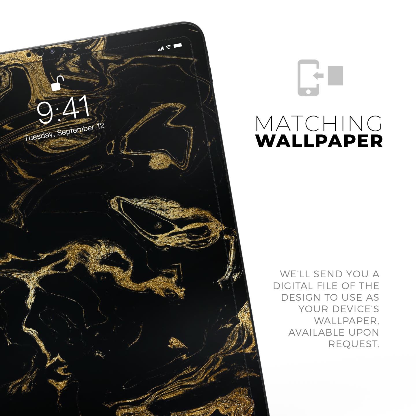 Black and gold marble swirl skin decal for Apple iPad, showcasing a stylish design with premium 3M material for protection.