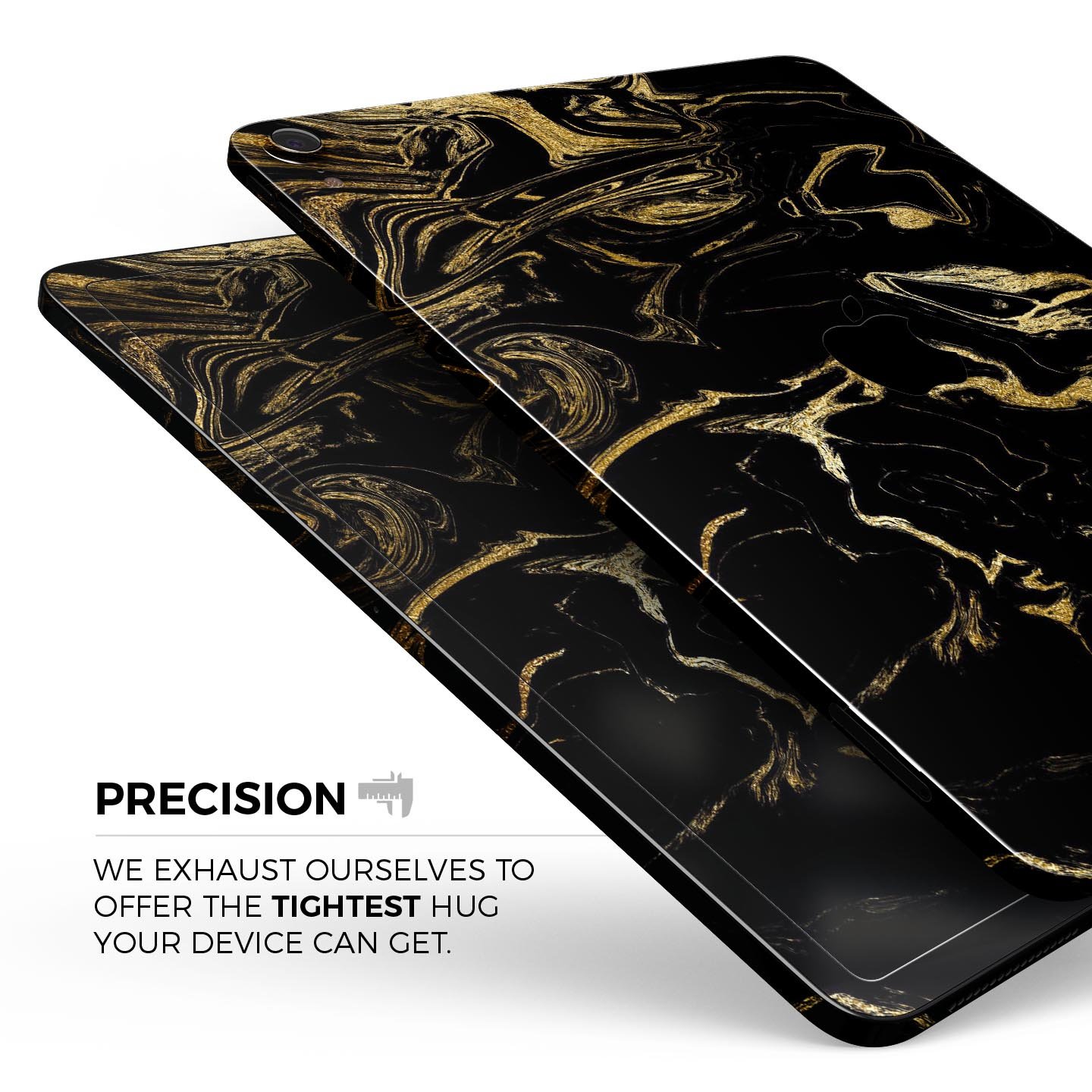 Black and gold marble swirl skin decal for Apple iPad, showcasing a stylish design with premium 3M material for protection.