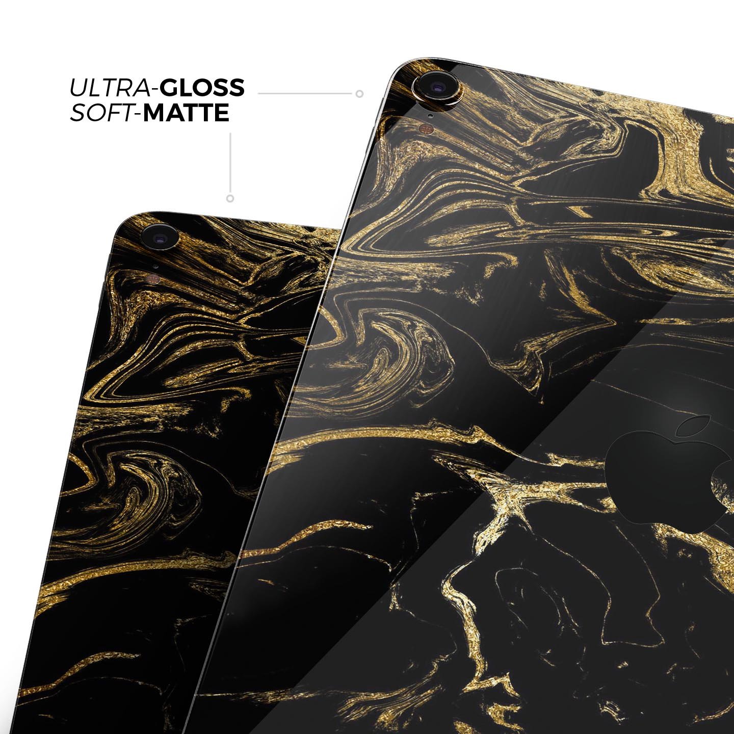 Black and gold marble swirl skin decal for Apple iPad, showcasing a stylish design with premium 3M material for protection.