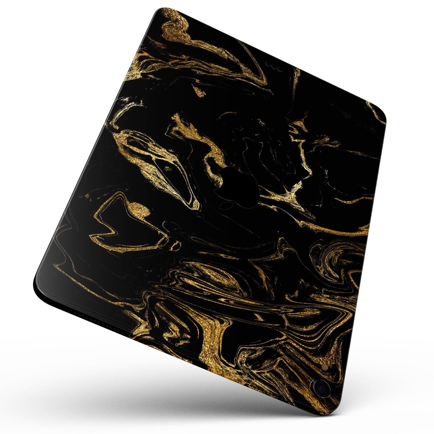 Black and gold marble swirl skin decal for Apple iPad, showcasing a stylish design with premium 3M material for protection.