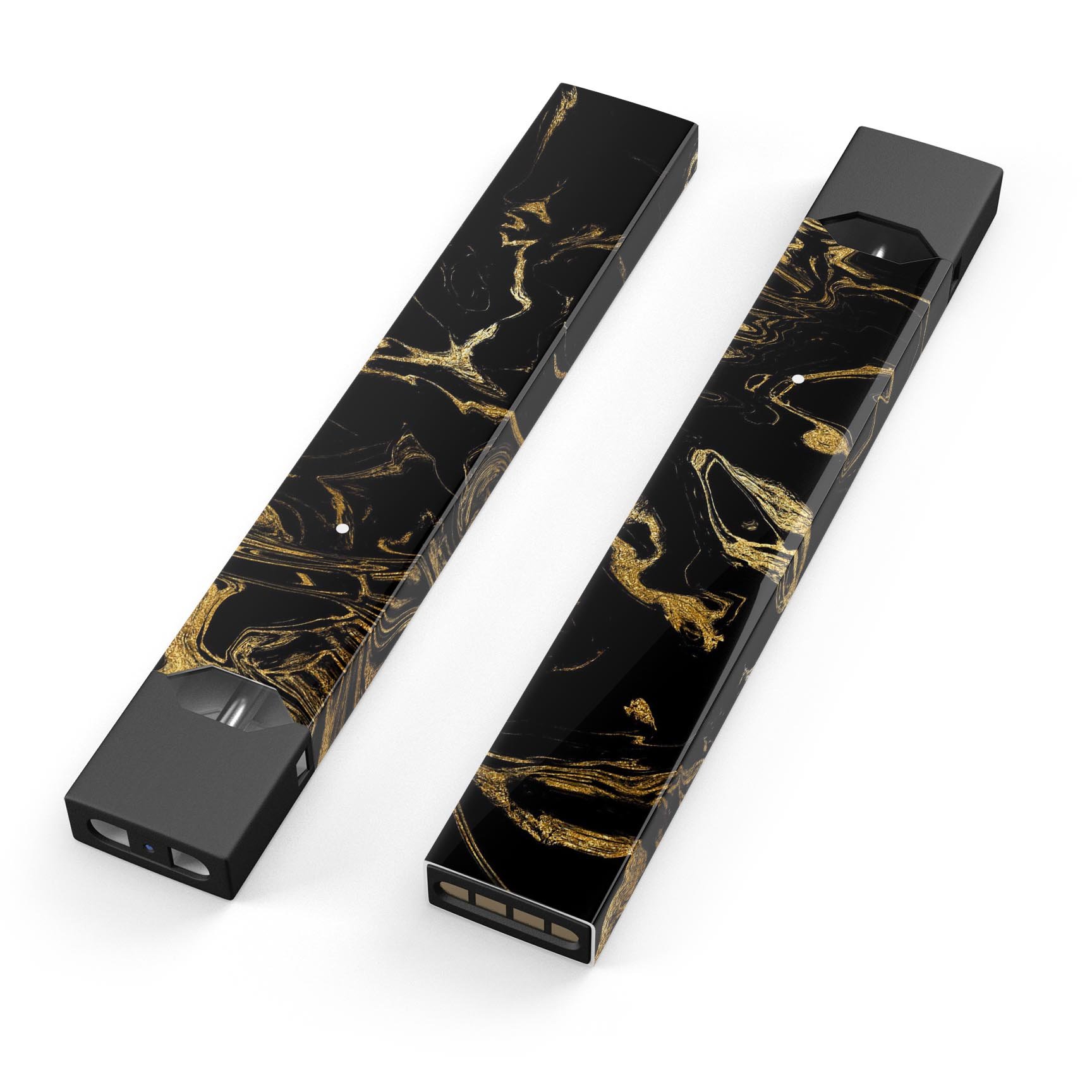 Black and gold marble swirl skin wrap for JUUL vaping device, showcasing a stylish design and premium quality.