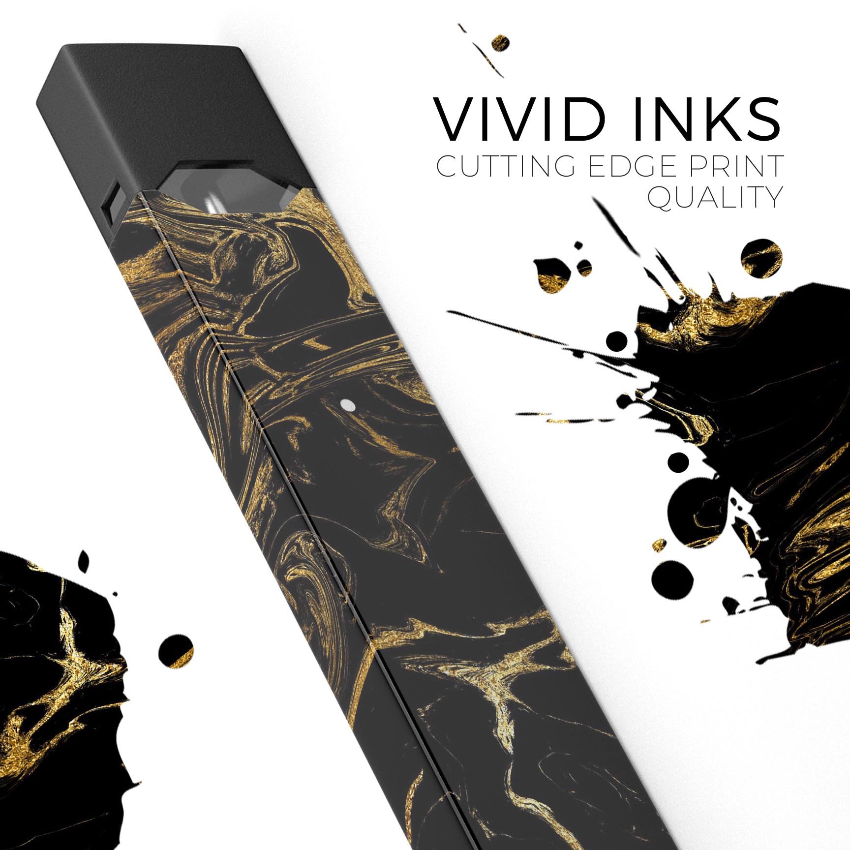 Black and gold marble swirl skin wrap for JUUL vaping device, showcasing a stylish design and premium quality.