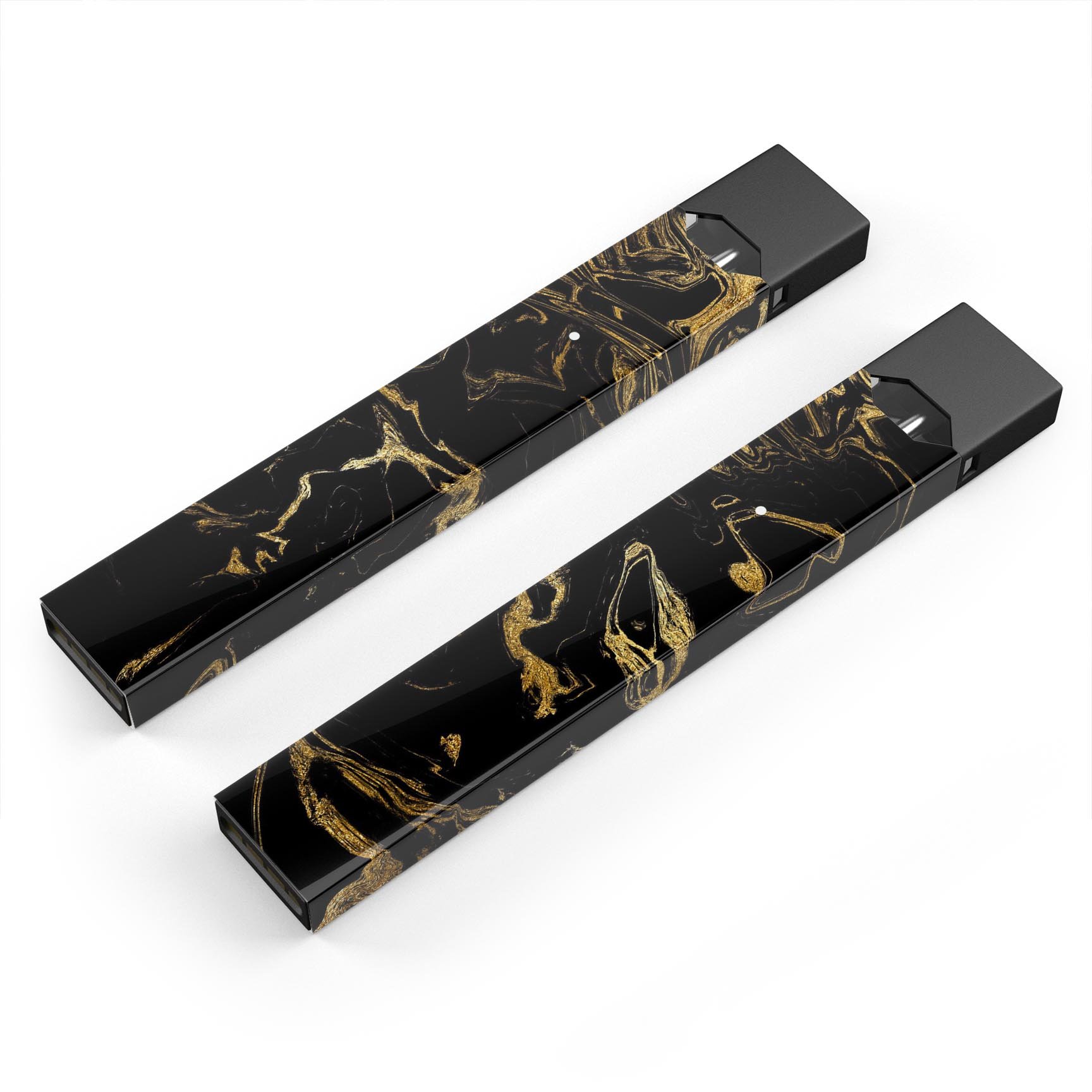 Black and gold marble swirl skin wrap for JUUL vaping device, showcasing a stylish design and premium quality.