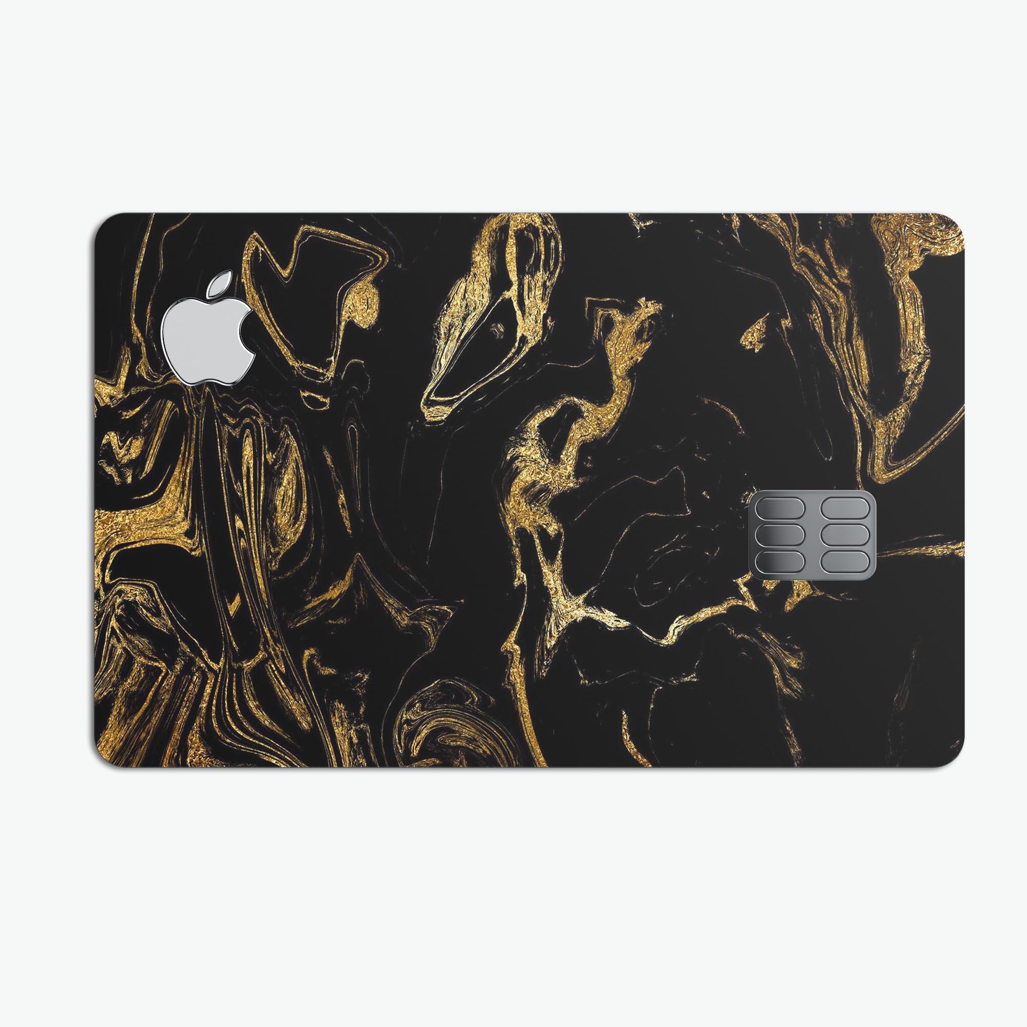 Black and gold marble swirl decal skin for Apple Card, showcasing a stylish design that offers protection and elegance.