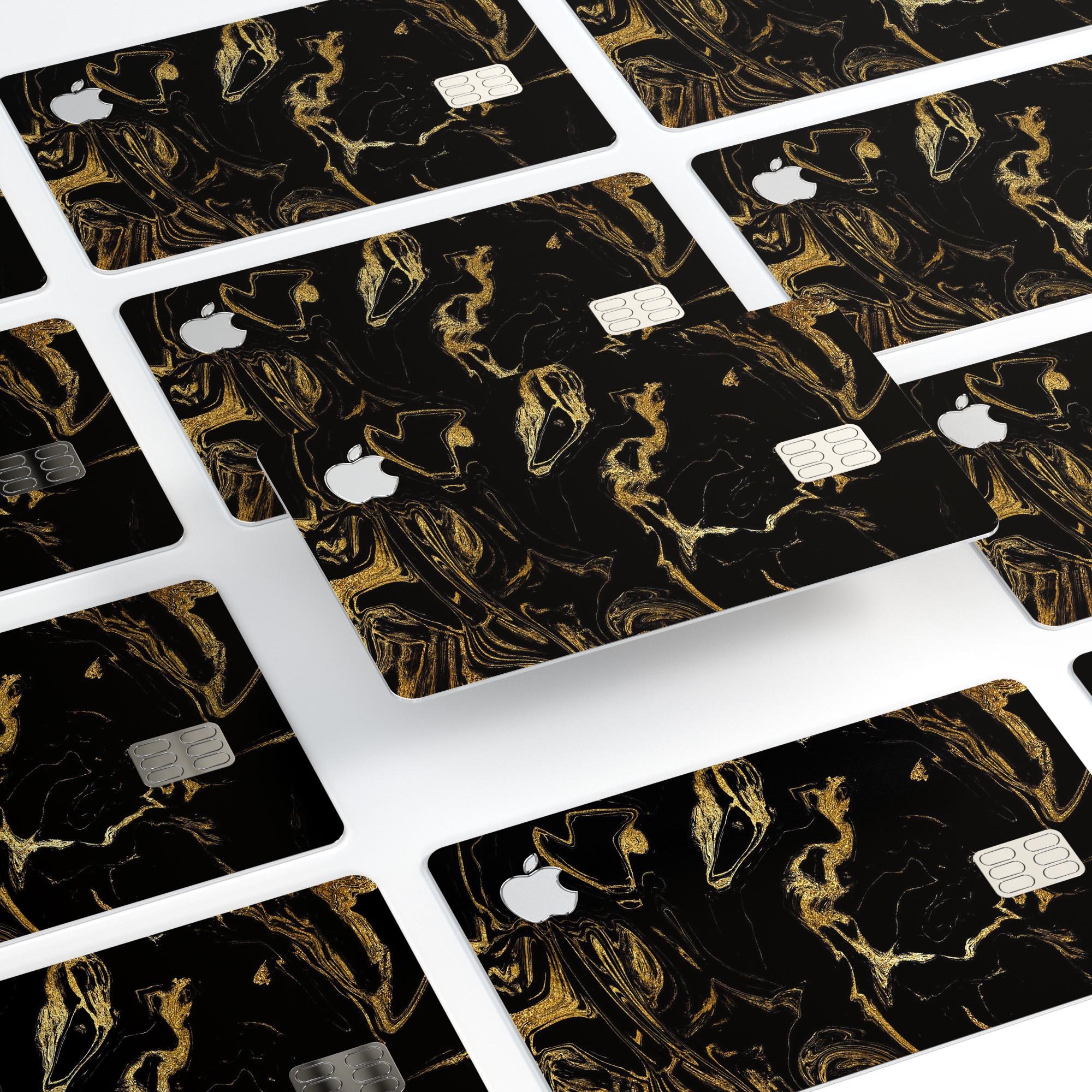 Black and gold marble swirl decal skin for Apple Card, showcasing a stylish design that offers protection and elegance.