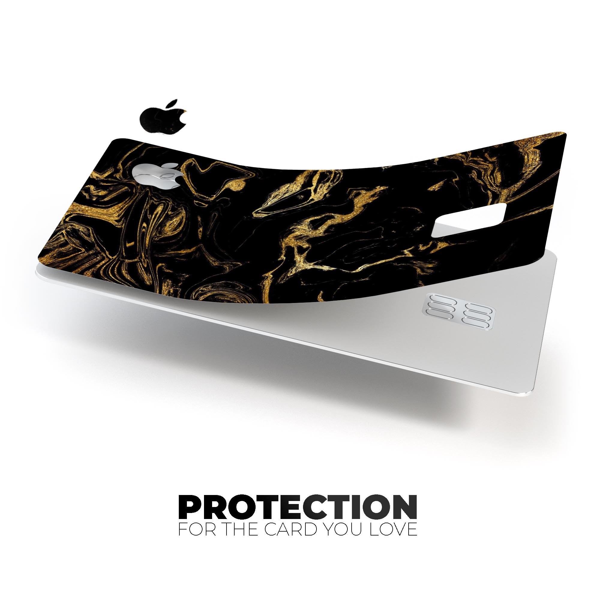 Black and gold marble swirl decal skin for Apple Card, showcasing a stylish design that offers protection and elegance.