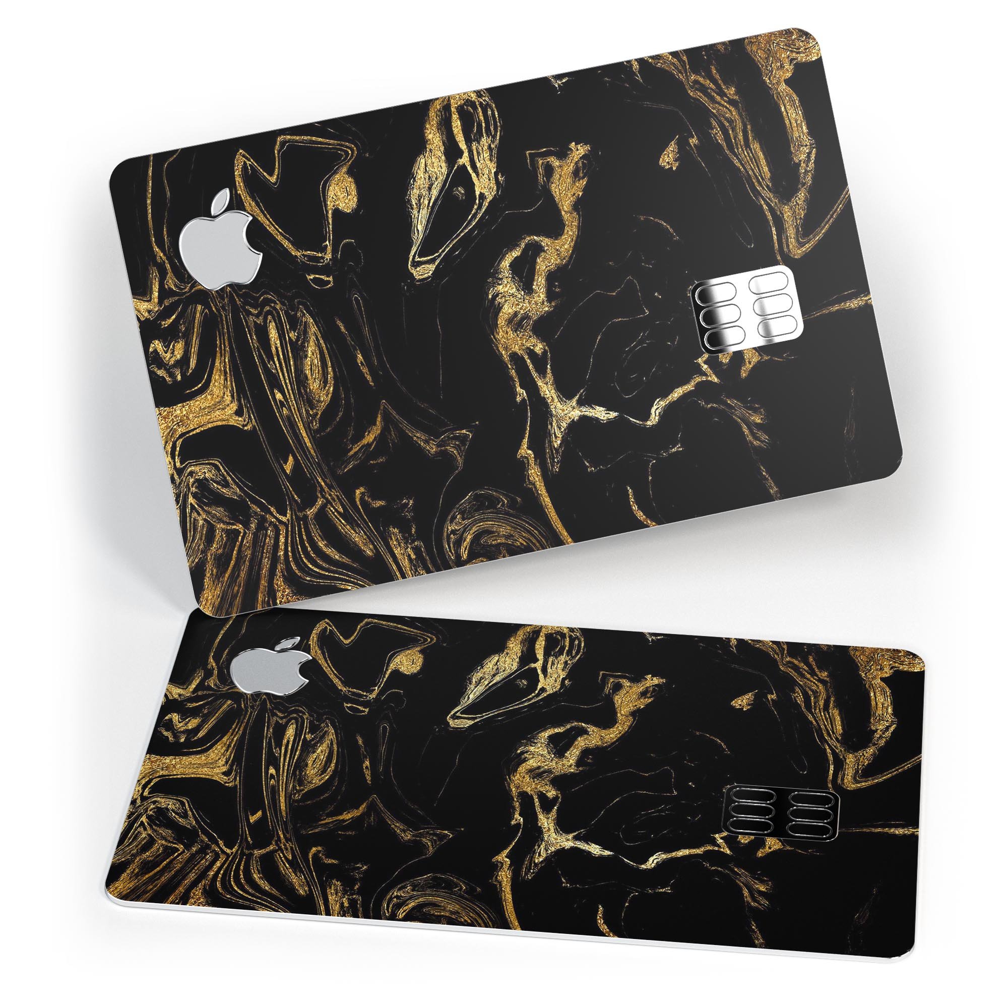 Black and gold marble swirl decal skin for Apple Card, showcasing a stylish design that offers protection and elegance.