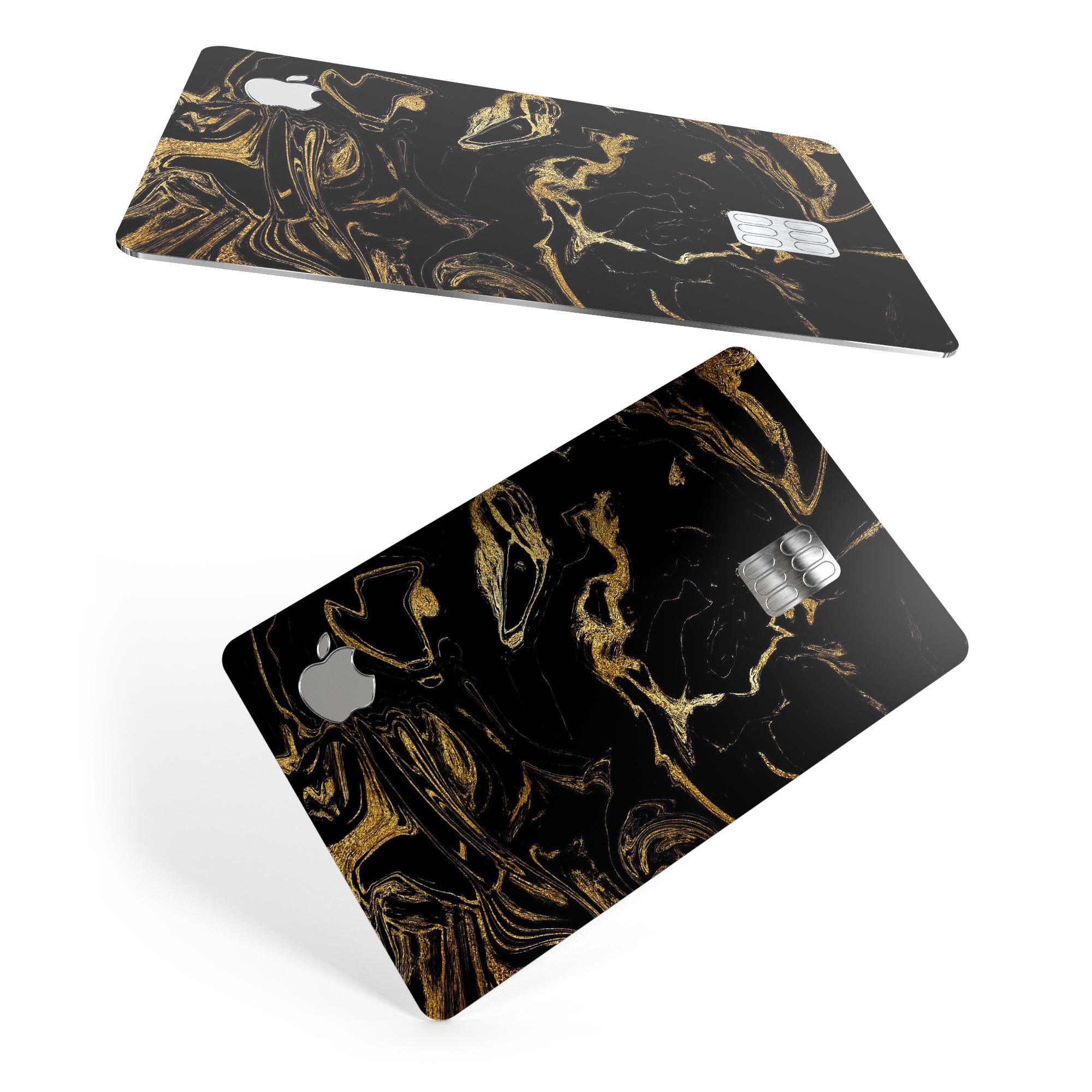 Black and gold marble swirl decal skin for Apple Card, showcasing a stylish design that offers protection and elegance.