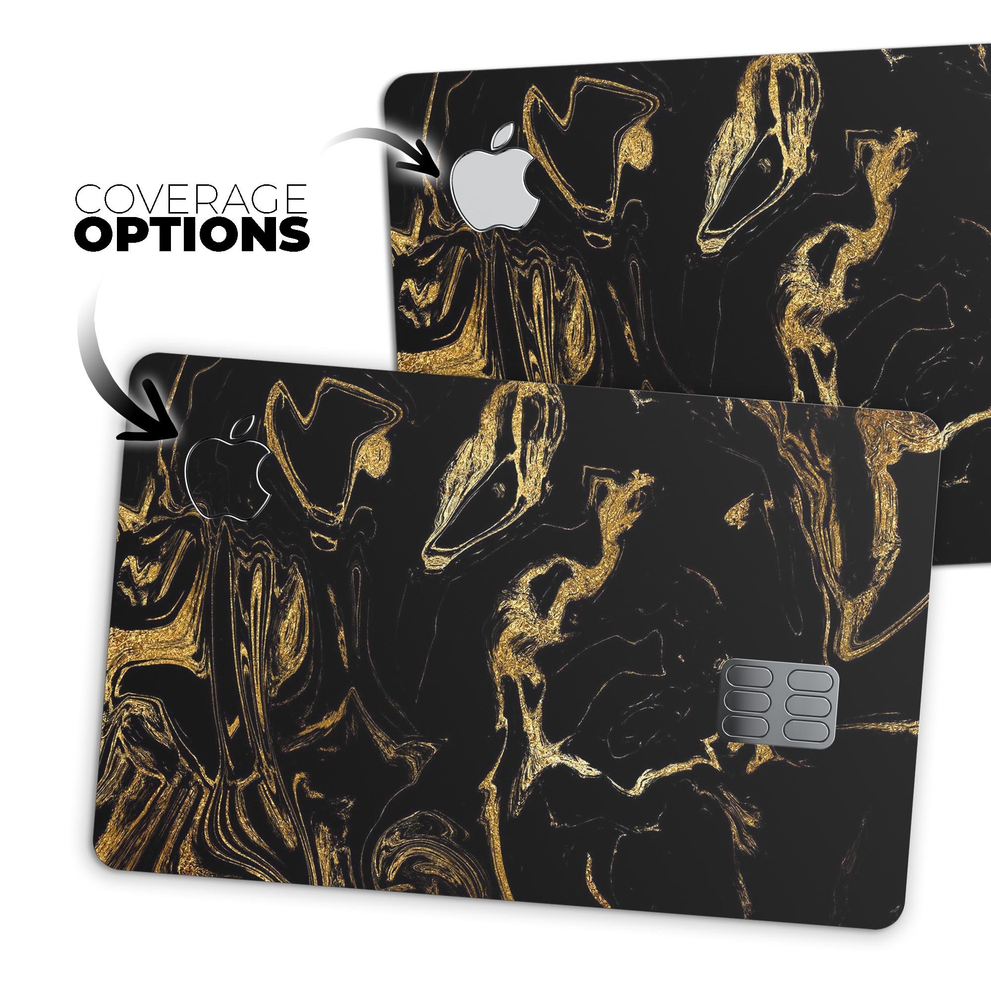 Black and gold marble swirl decal skin for Apple Card, showcasing a stylish design that offers protection and elegance.