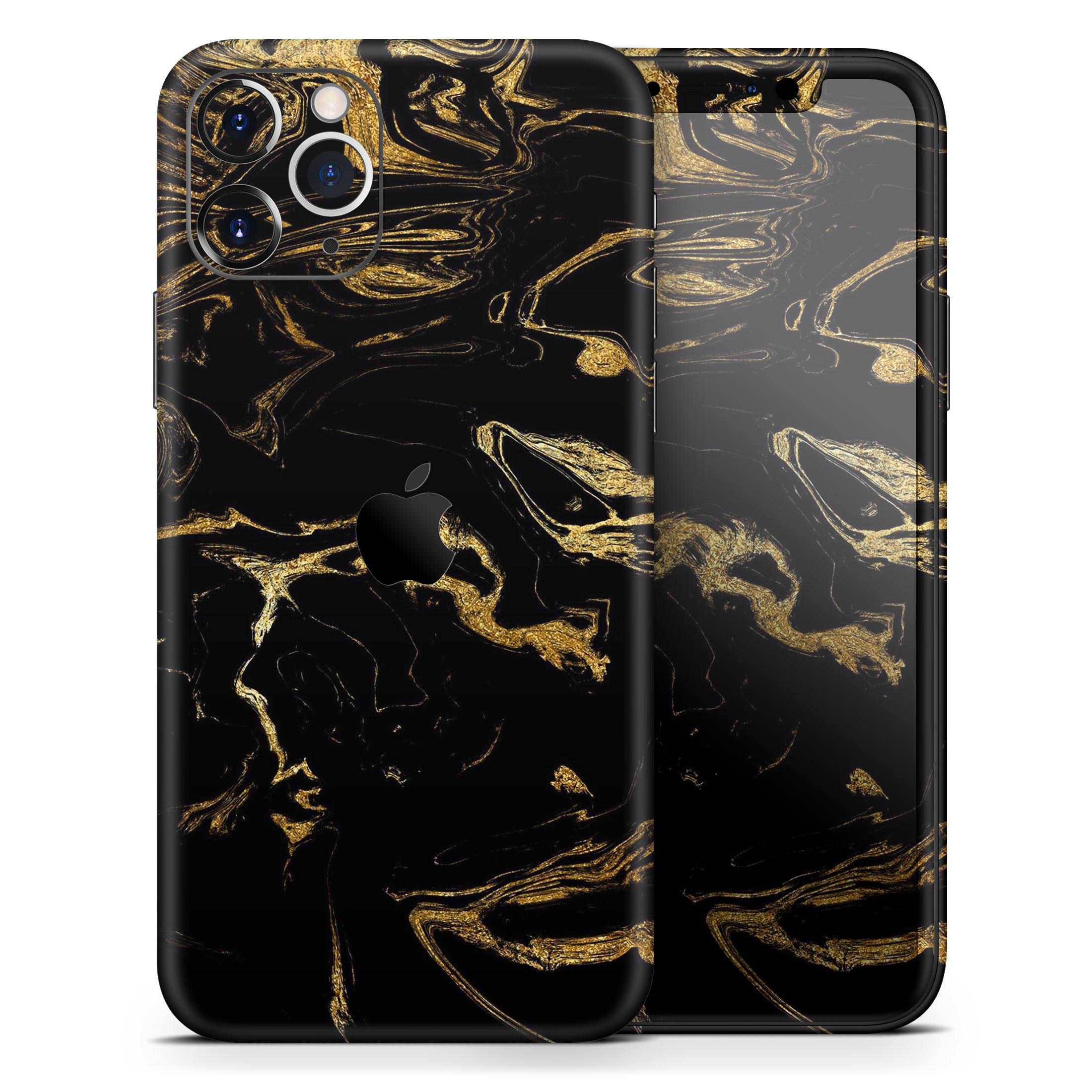 Black and gold marble swirl skin for Apple iPhone, showcasing a stylish design that enhances device appearance.