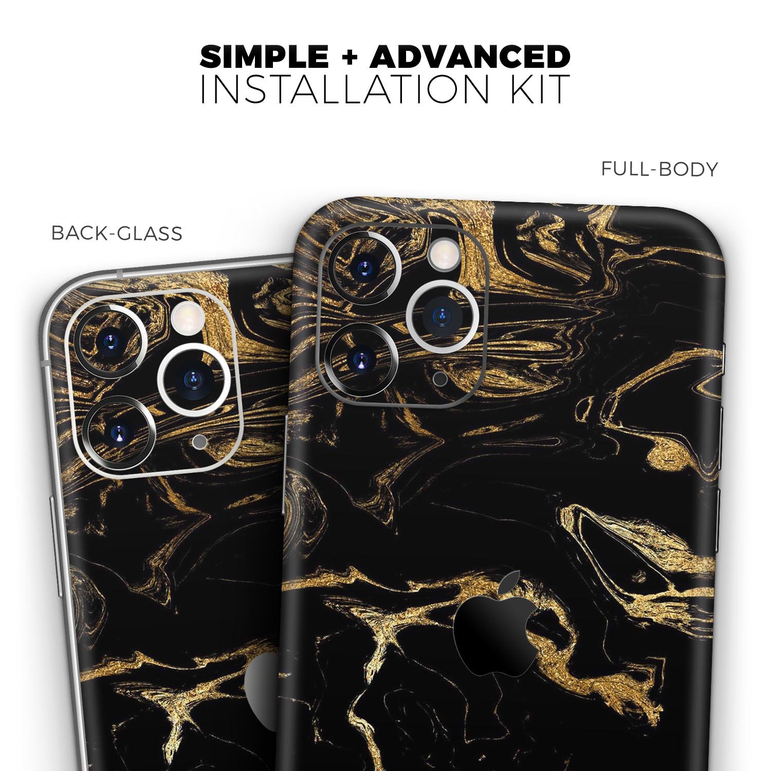 Black and gold marble swirl skin for Apple iPhone, showcasing a stylish design that enhances device appearance.