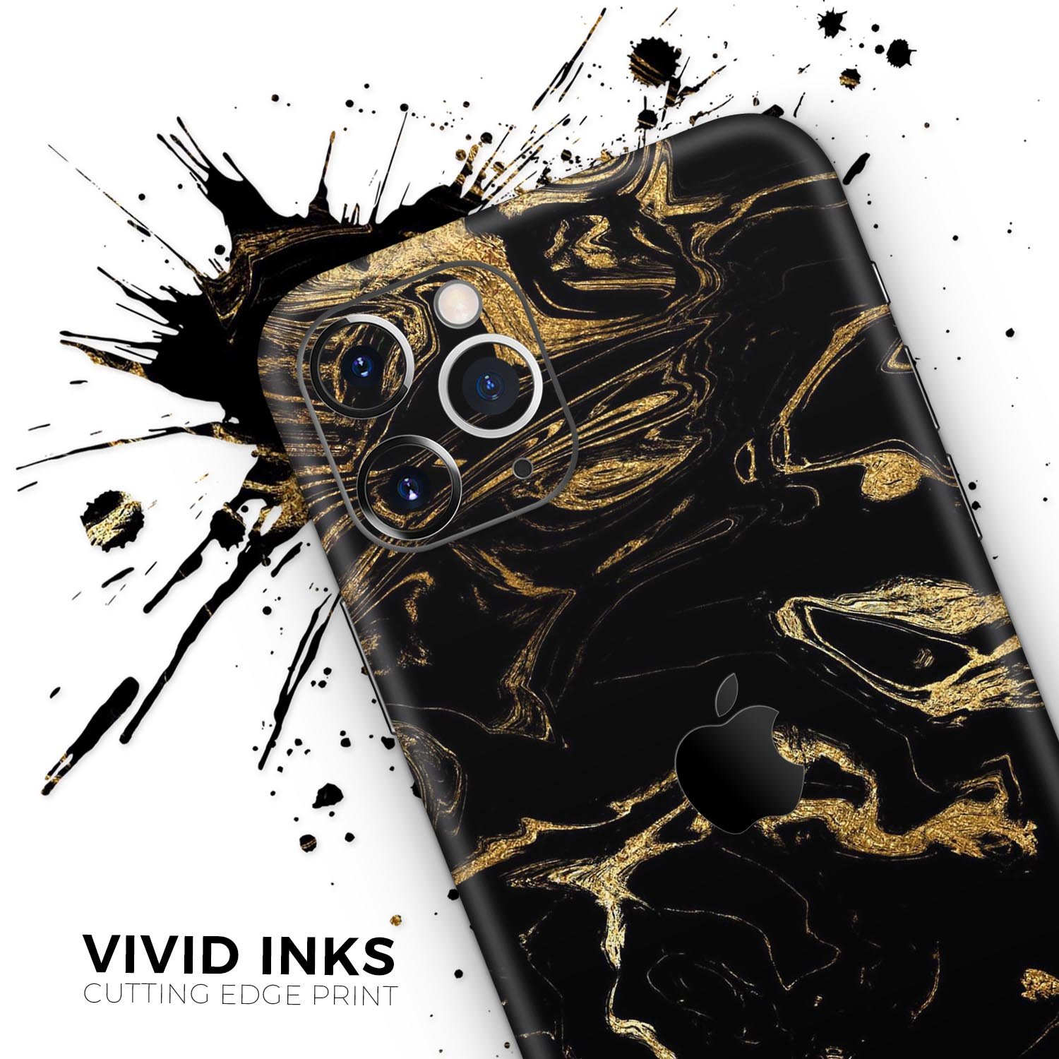 Black and gold marble swirl skin for Apple iPhone, showcasing a stylish design that enhances device appearance.