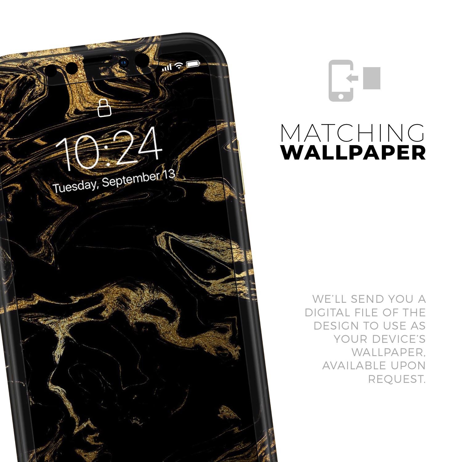 Black and gold marble swirl skin for Apple iPhone, showcasing a stylish design that enhances device appearance.