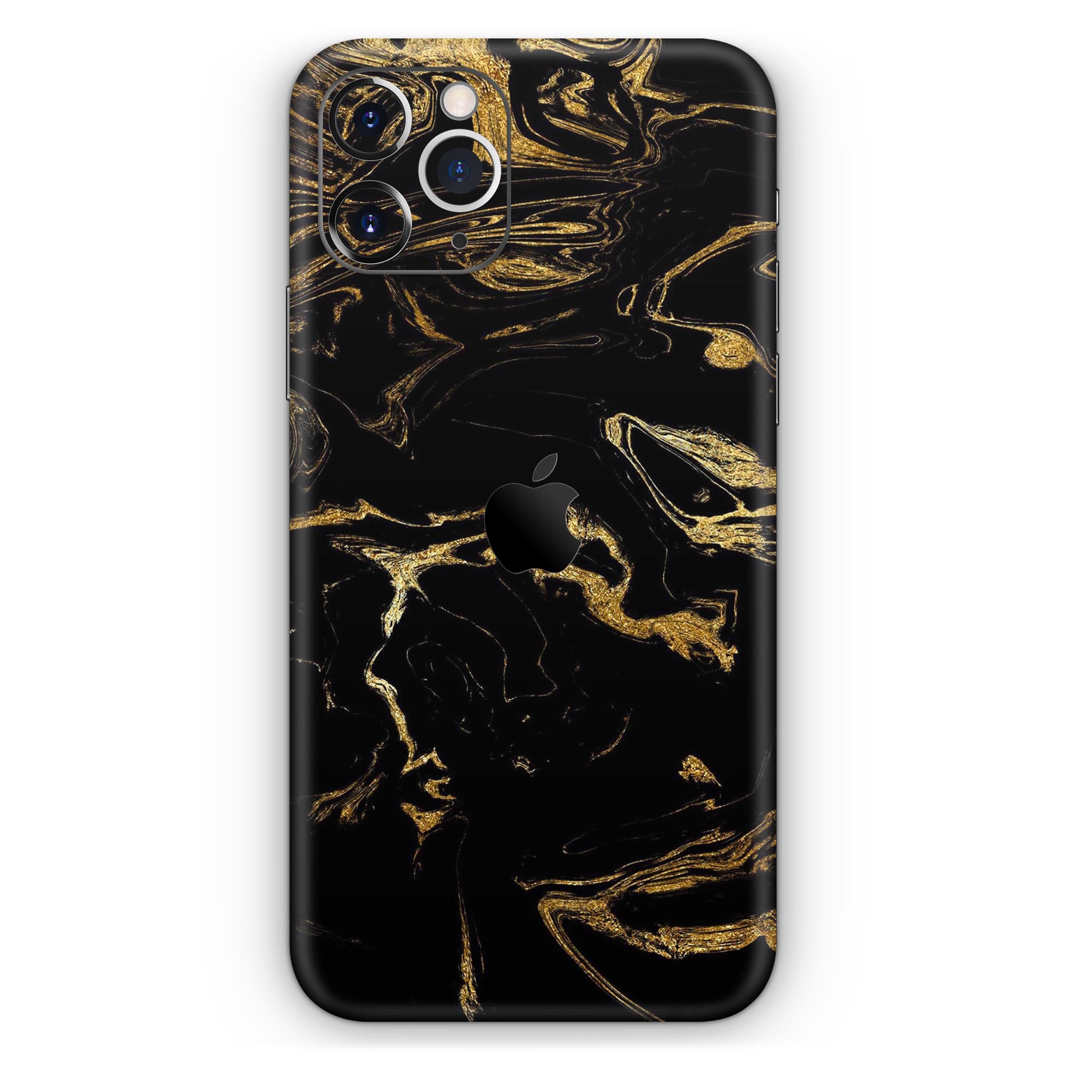 Black and gold marble swirl skin for Apple iPhone, showcasing a stylish design that enhances device appearance.